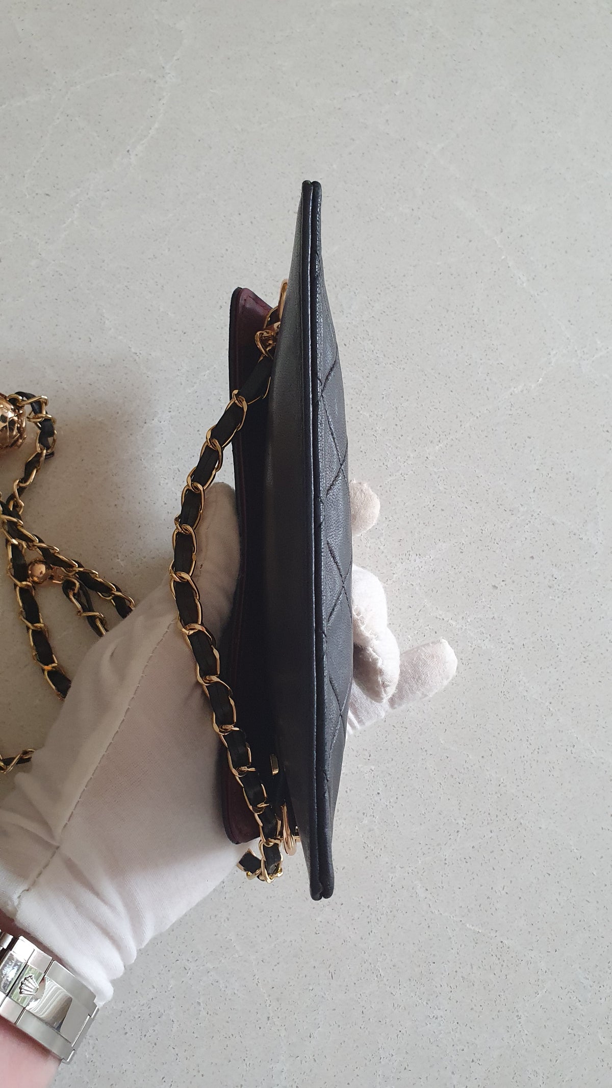 Authentic Vintage Chanel Upcycle Black Leather Flat Clutch with Chain