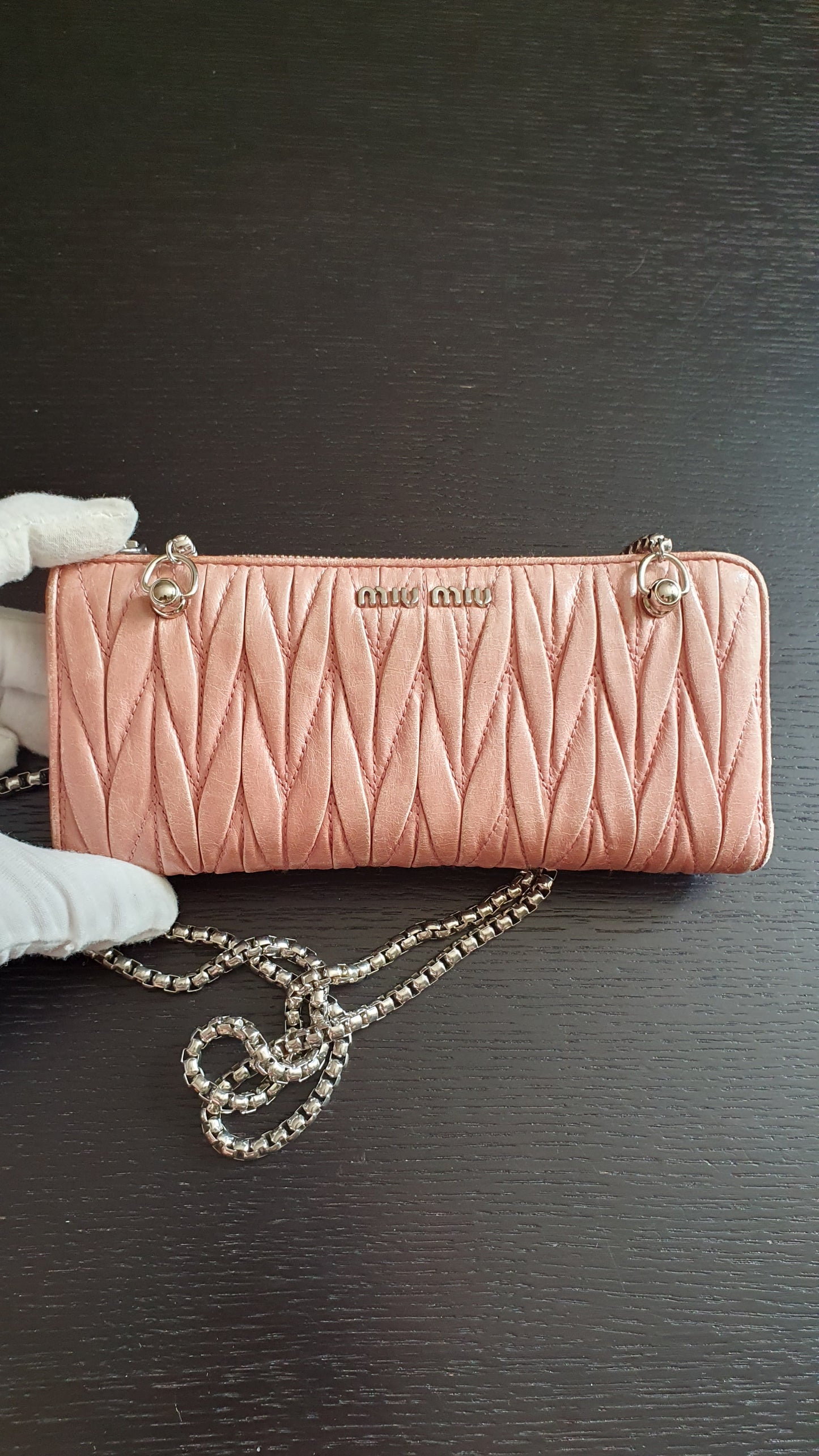 Authentic Miu Miu Upcycle Pink Zip Wallet with Shoulder Chains