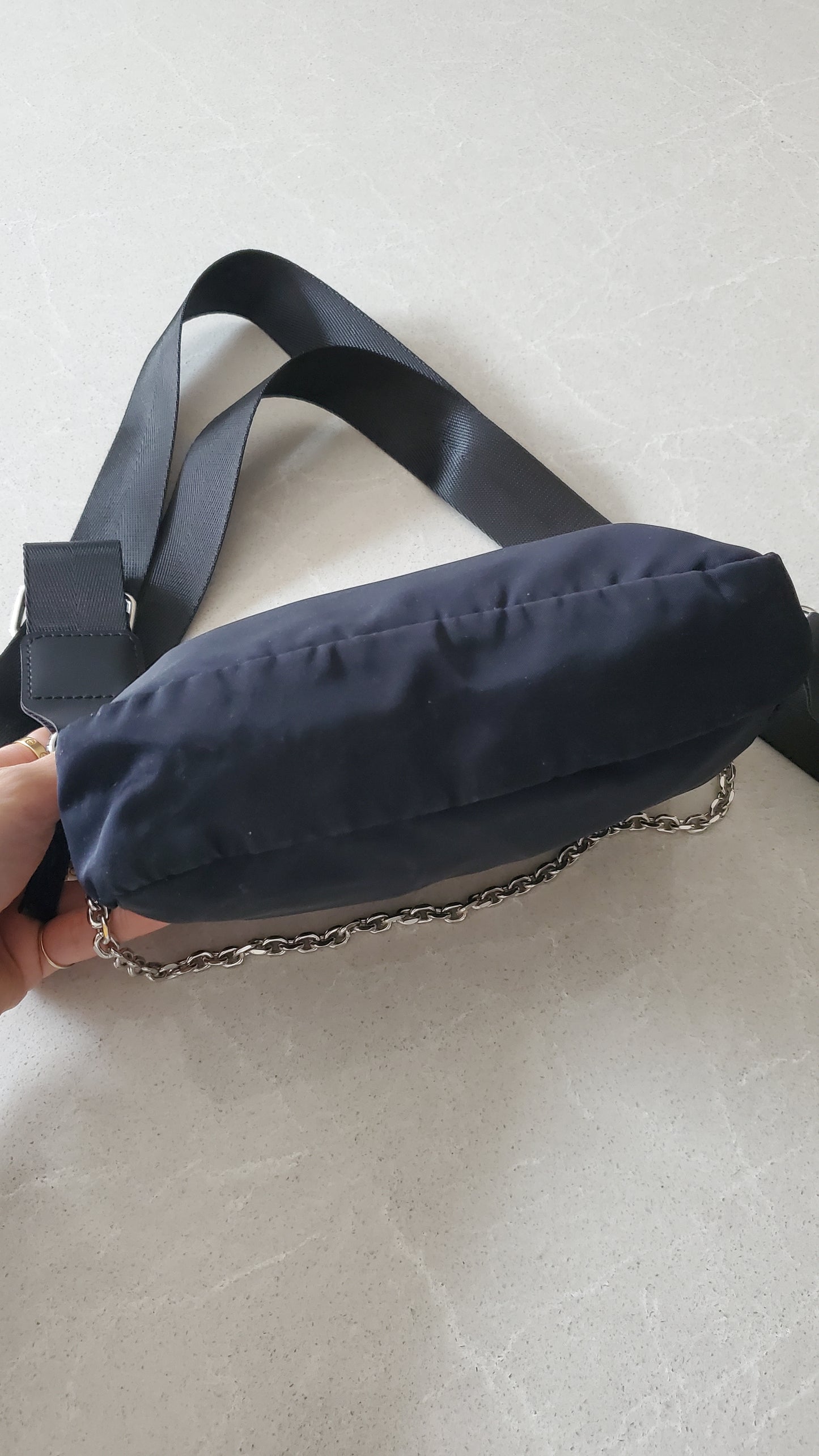 Authentic Prada Upcycle (Dark Navy) Nylon Pouch on Chain & Strap