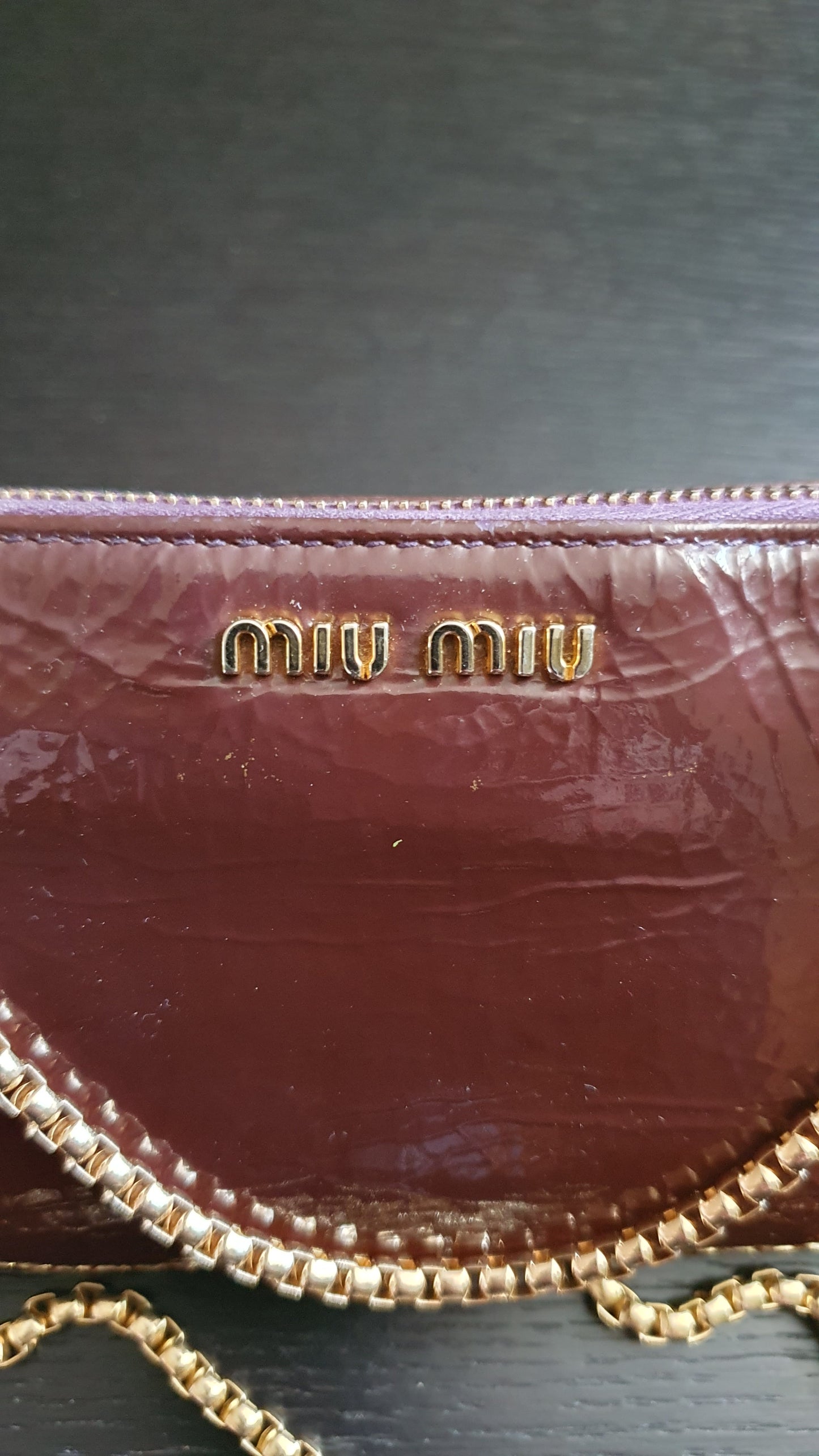 Authentic Miu Miu Upcycle Long Zip Patent Wallet with Chains