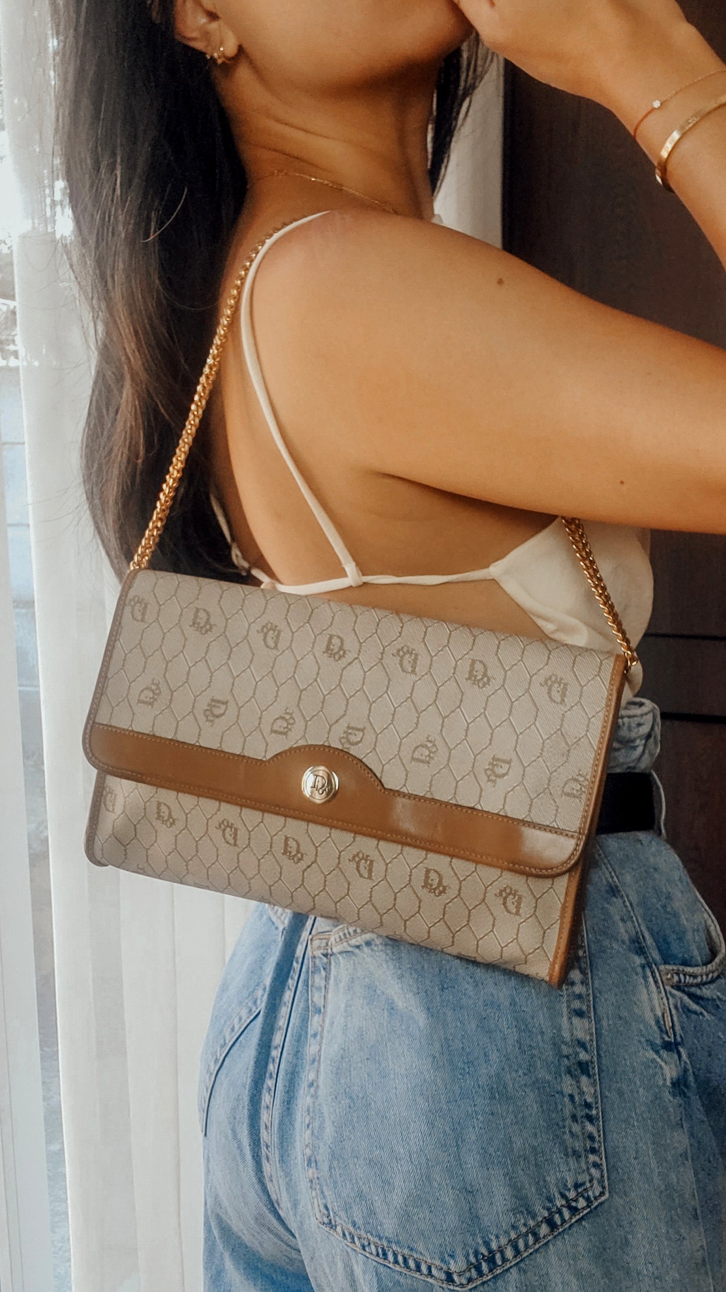 Authentic Vintage Dior Tan Purse with Versatile Chain