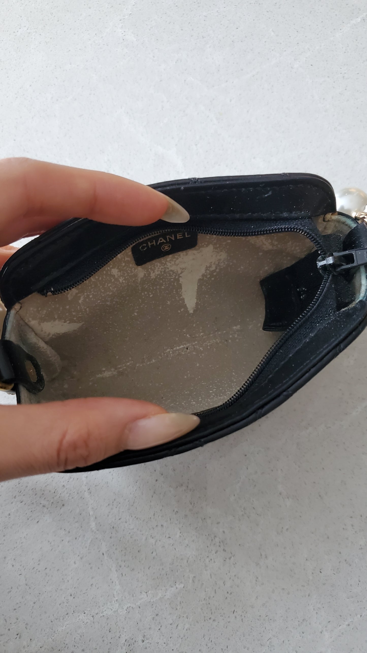 Authentic Chanel Upcycle Black Lambskin Small Pouch with Strap & Chain