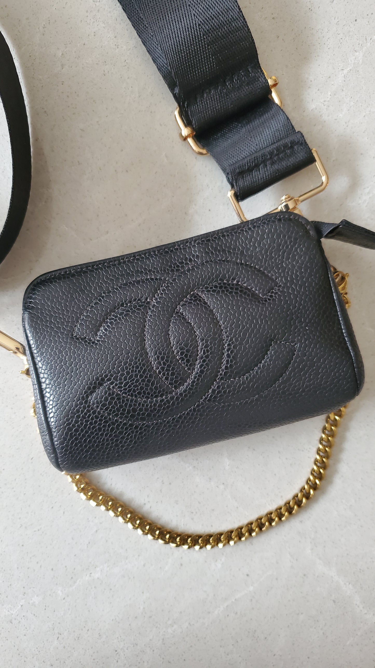 Authentic Chanel Upcycle Black Caviar Small Pouch on Chain & Strap