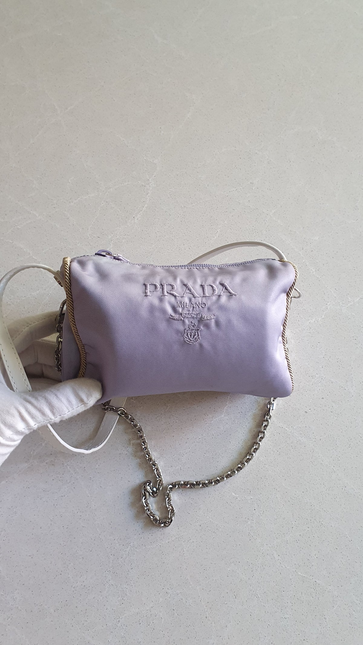 Authentic Prada Upcycle Lilac Pouch with Strap and Chain