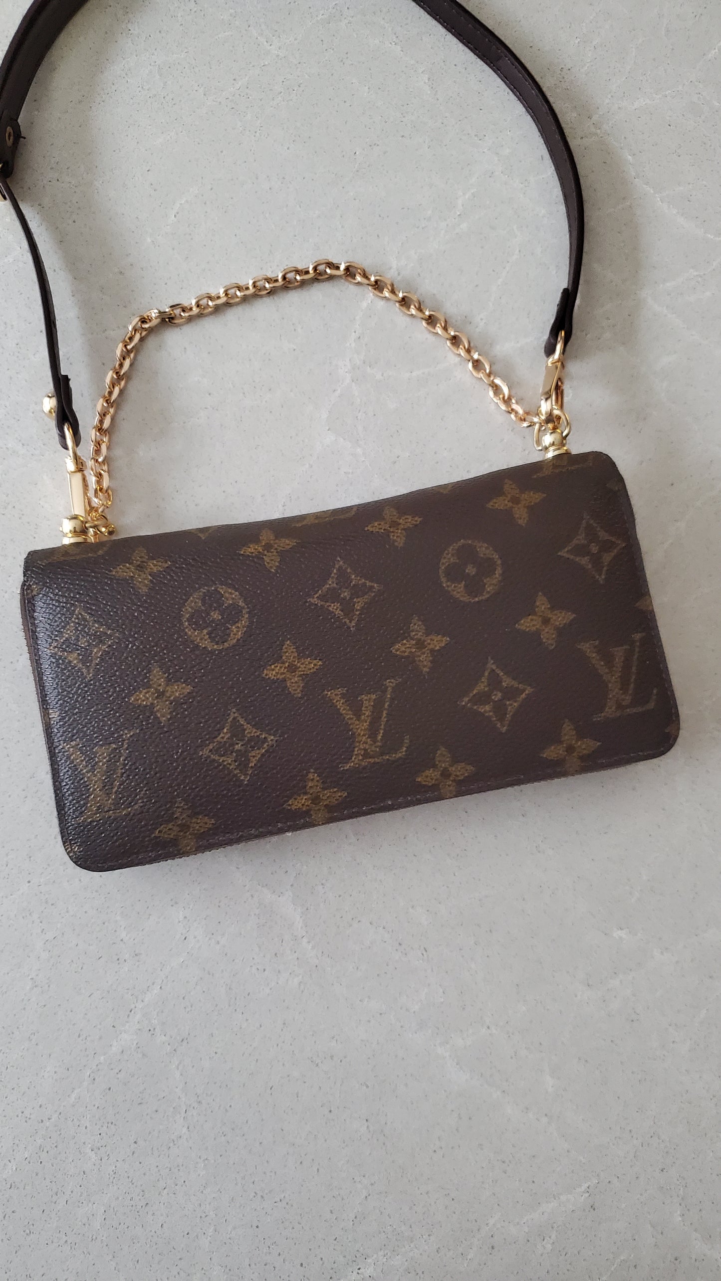 Authentic Louis Vuitton Upcycle Zip Up Wallet with Shoulder Strap and Chain