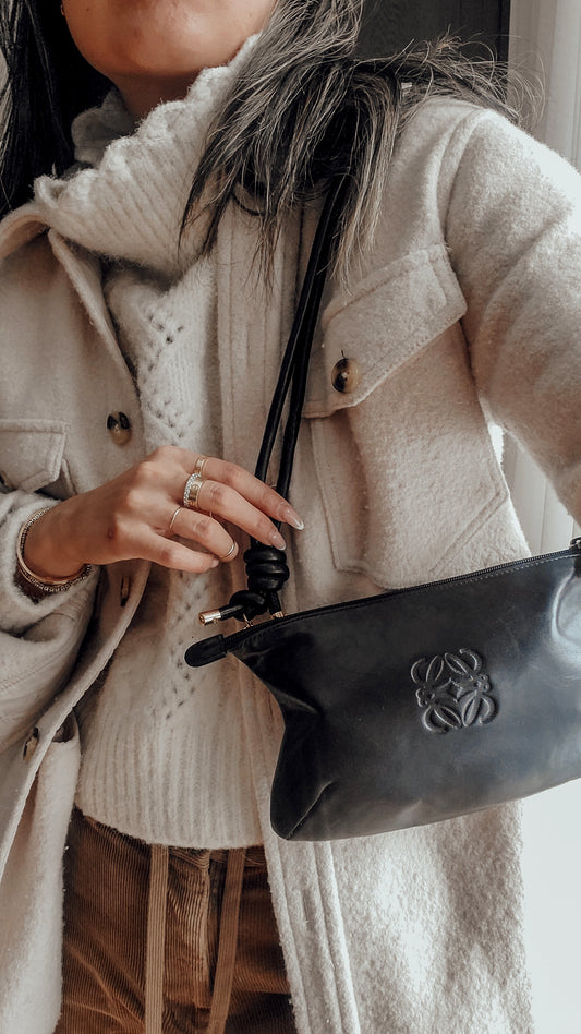 Authentic Vintage Loewe Upcycle Black Leather Perfect Size Pouch with Strap