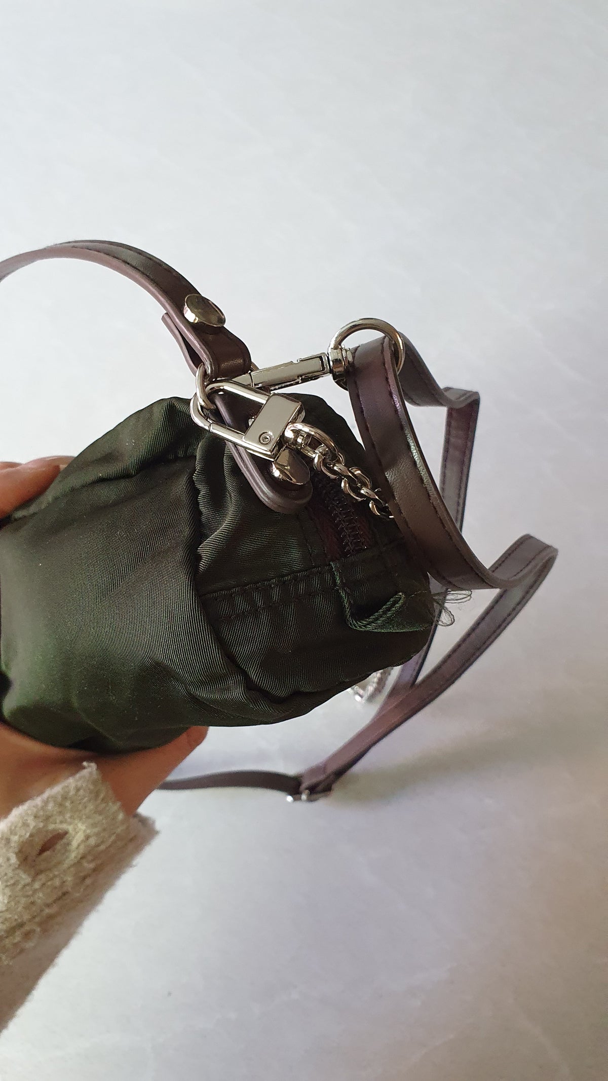 Authentic Prada Upcycle Versatile Dark Green (2) Pouch with Straps & Chain