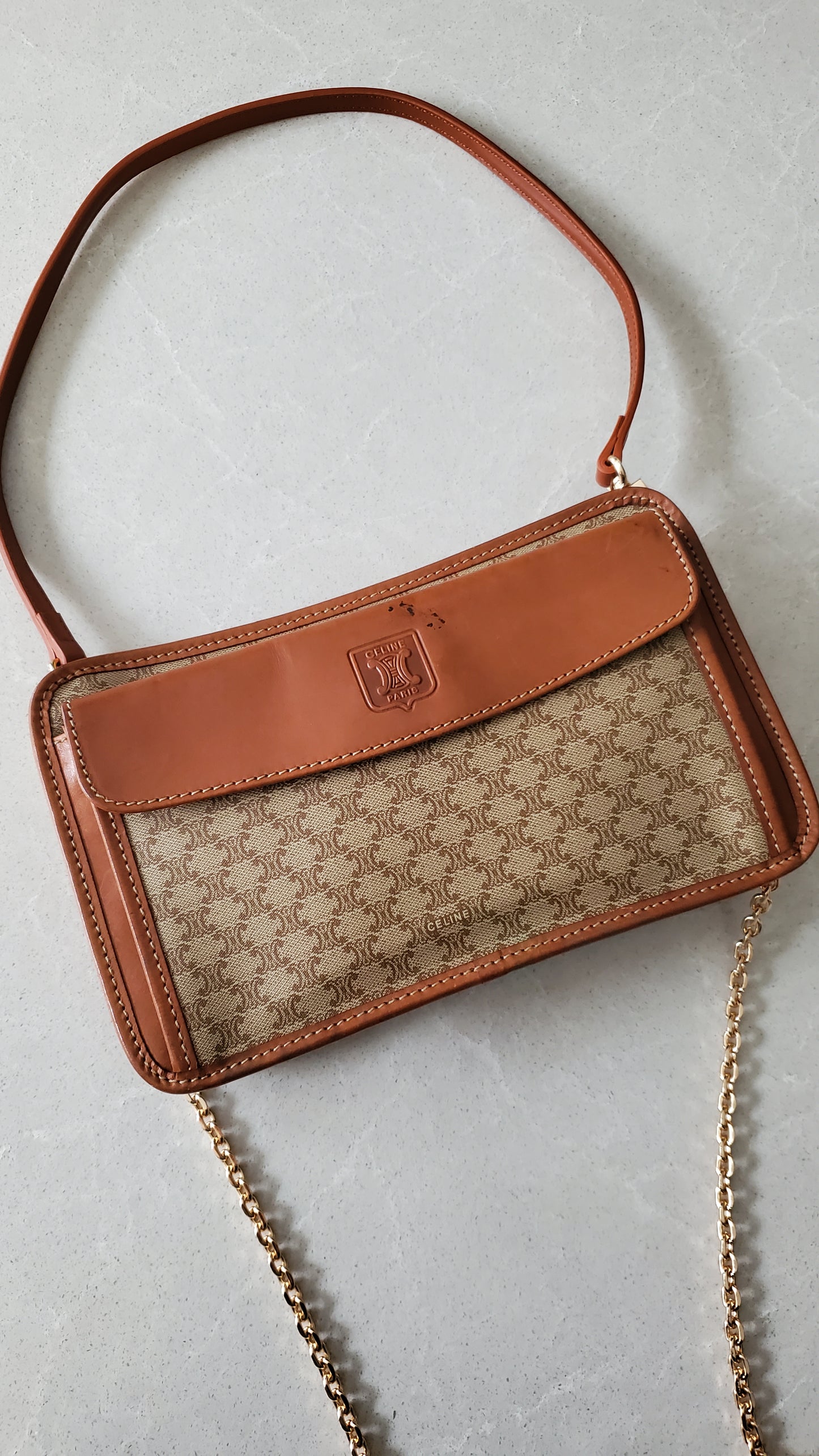 Authentic Vintage Celine Upcycle Tan Purse with Strap & Chain