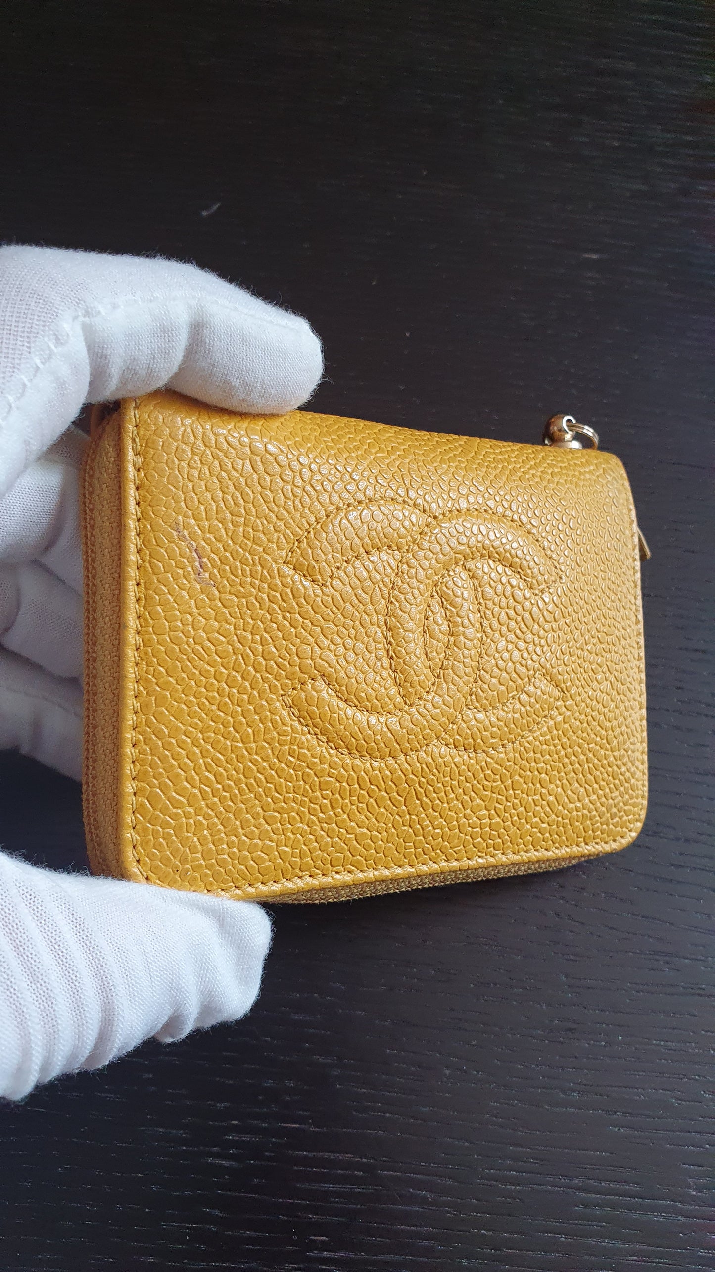 Authentic Chanel Upcycle (Yellow) Caviar Keyholder with Chain
