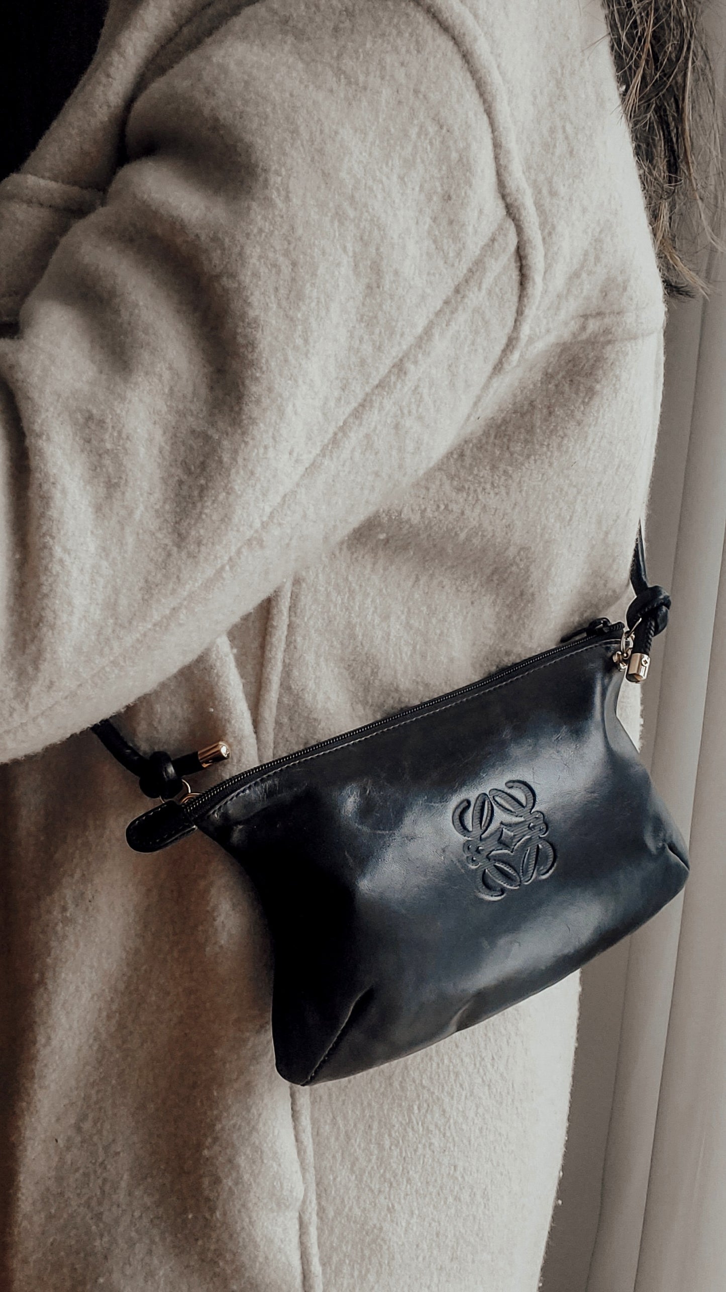 Authentic Vintage Loewe Upcycle Black Leather Perfect Size Pouch with Strap