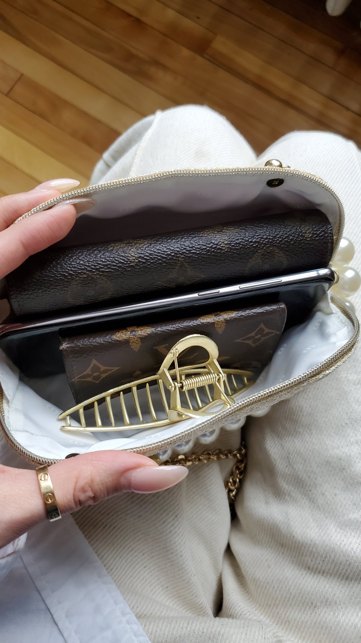 Authentic Dior Upcycle Versatile Gold Holiday Beauty Pouch with Handmade Chains