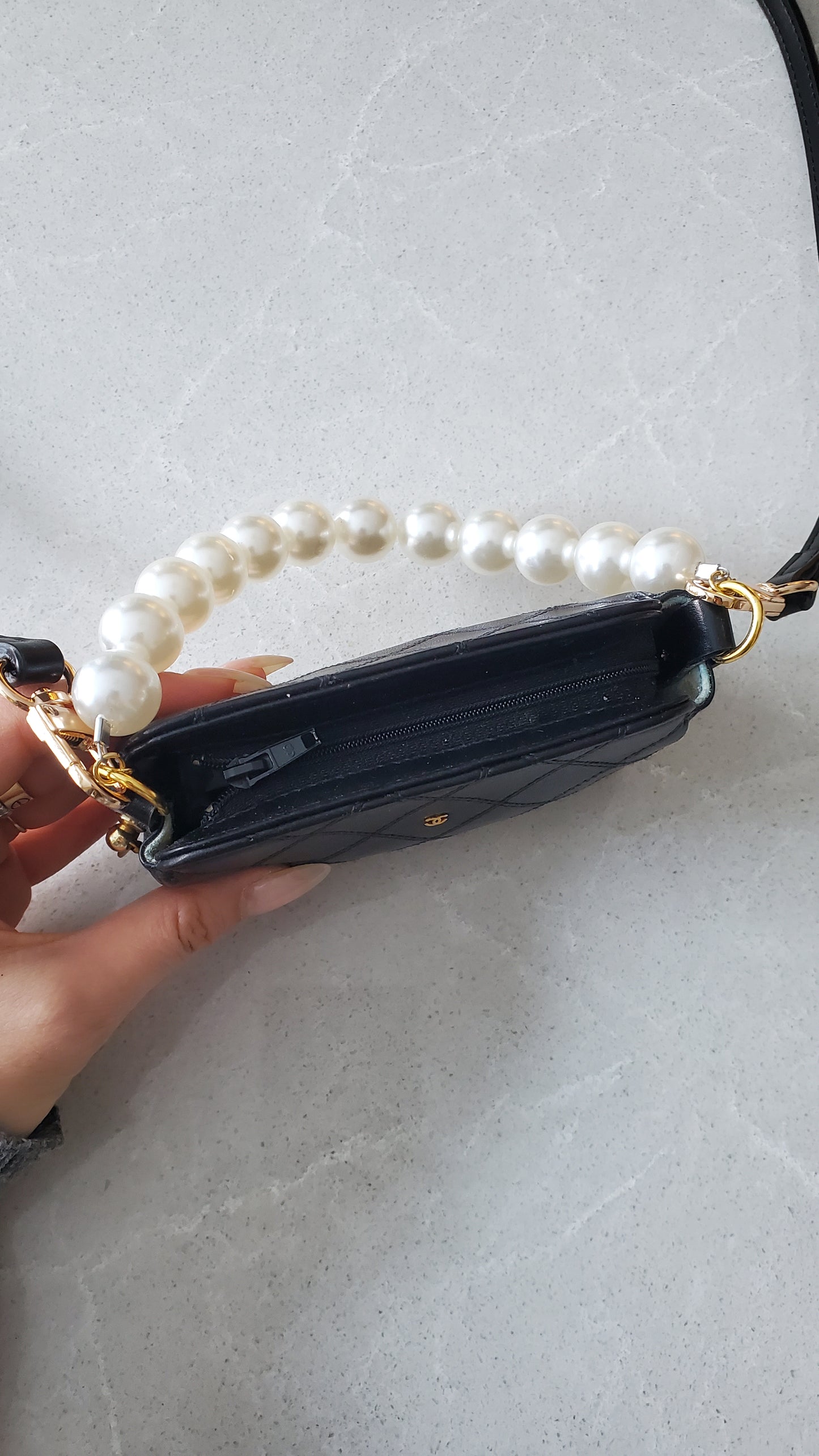 Authentic Chanel Upcycle Black Lambskin Small Pouch with Strap & Chain