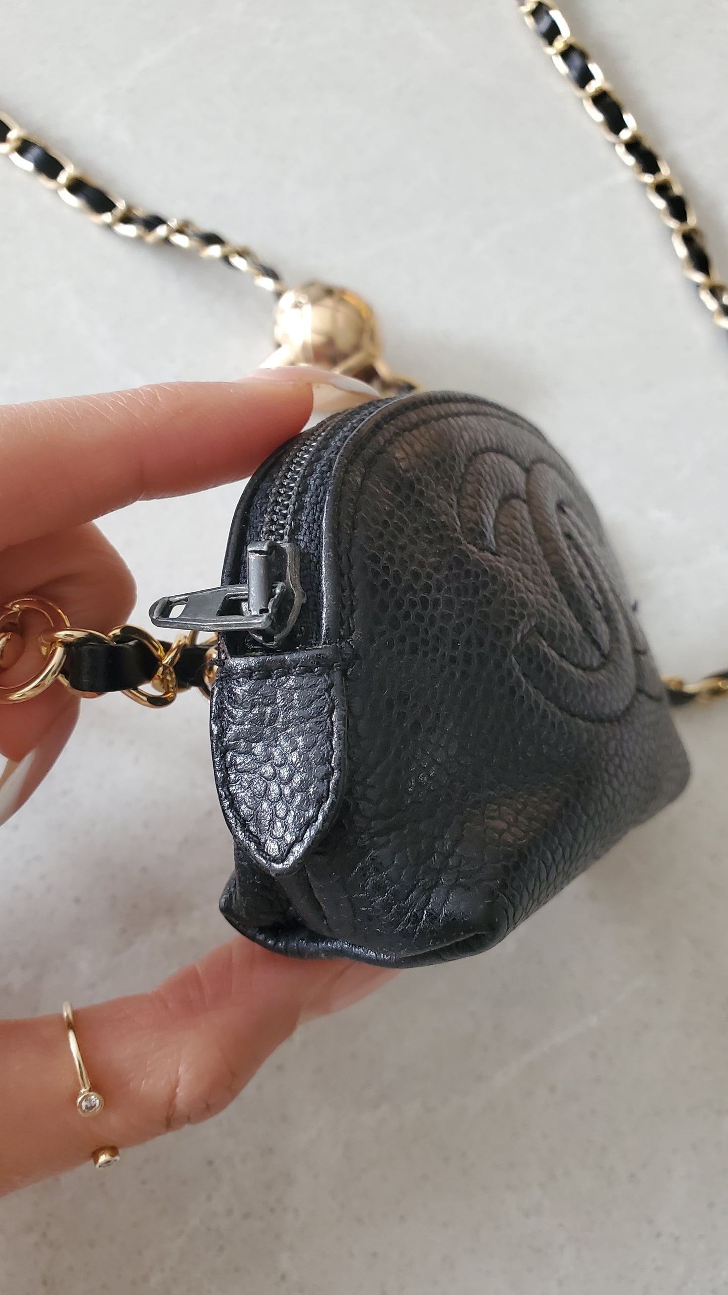 Authentic Vintage Chanel Upcycle Versatile Black Caviar Mini Pouch on Chain
