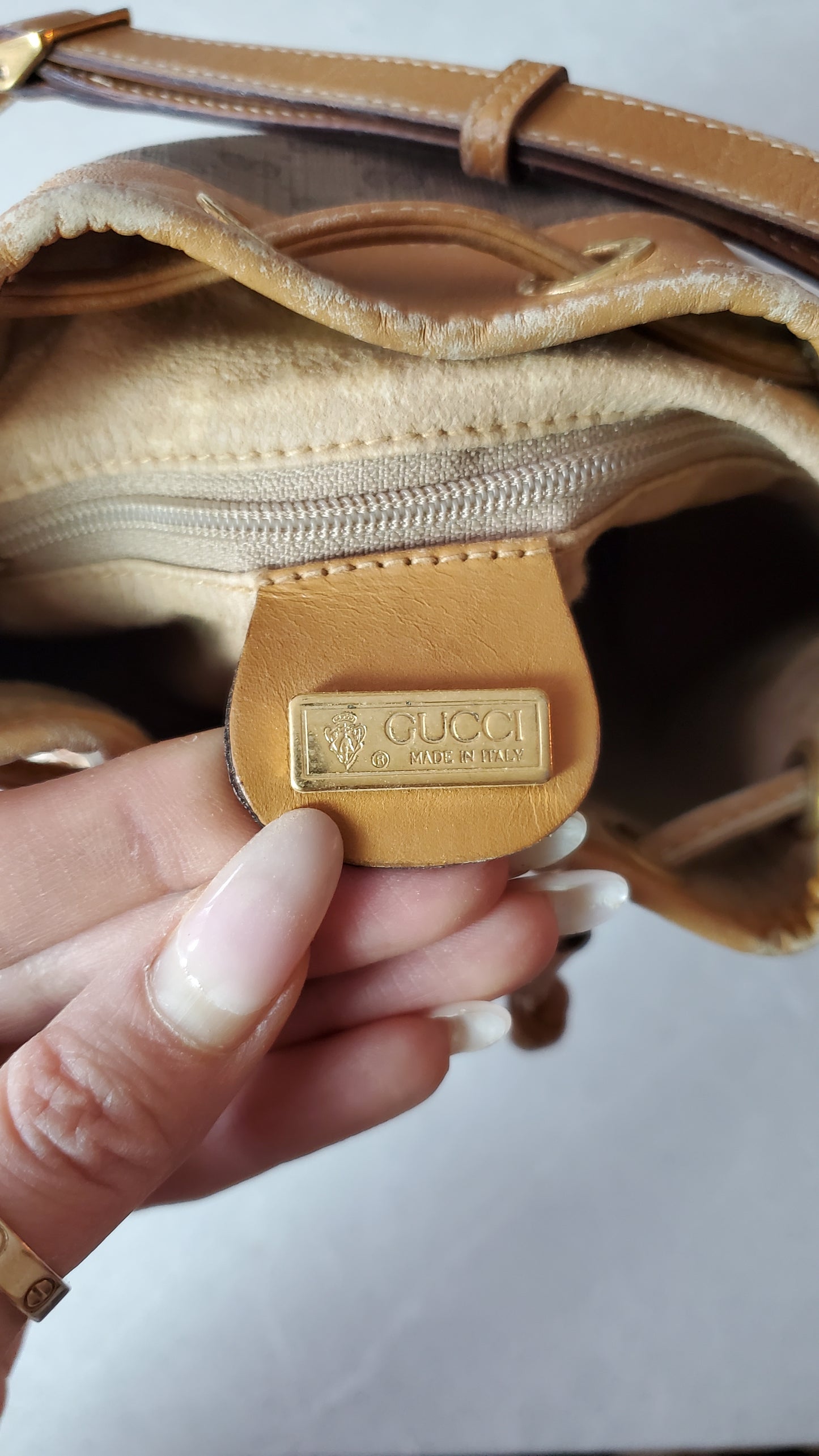 Authentic Vintage Gucci Small Tan Bucket Bag with Chain