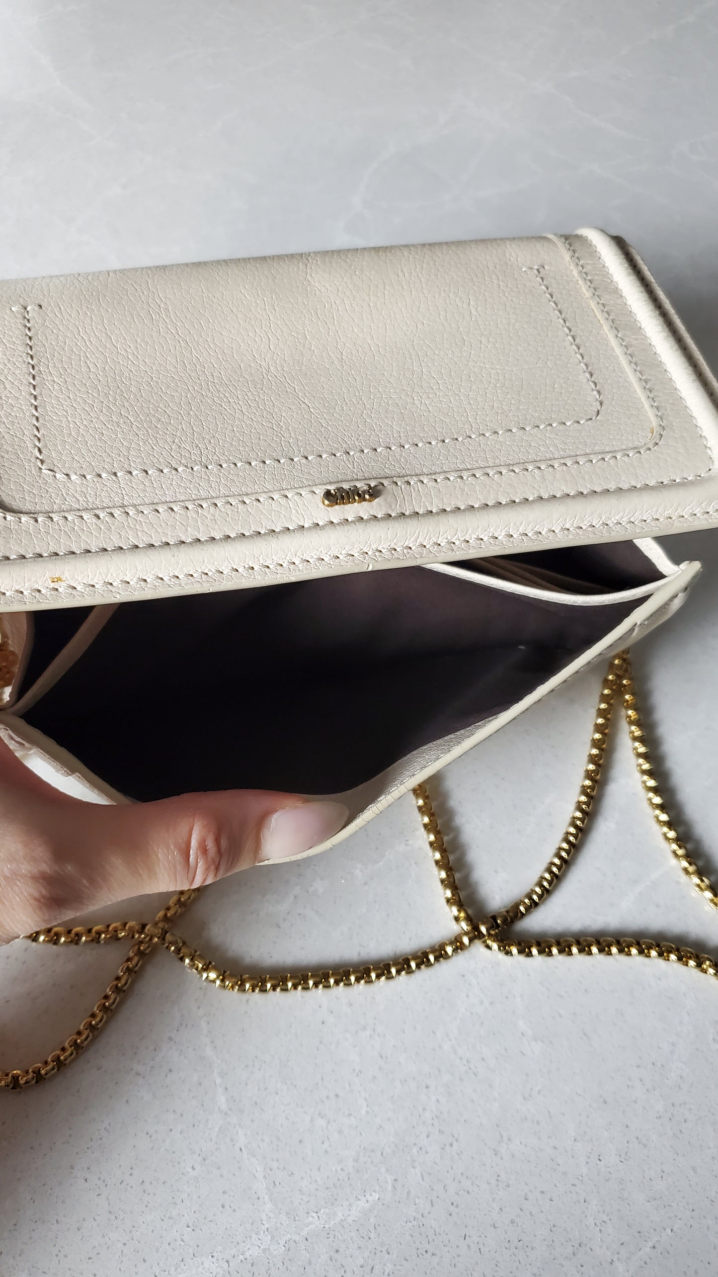 Authentic Chloe Upcycle Cream Leather Wallet with Chain