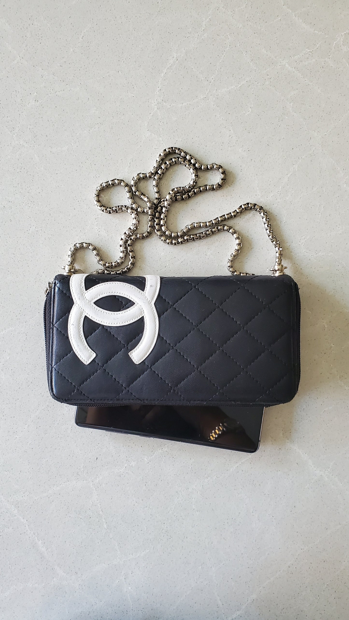 Authentic Vintage Chanel Upcycle Black Lambskin Zip Wallet with Chain