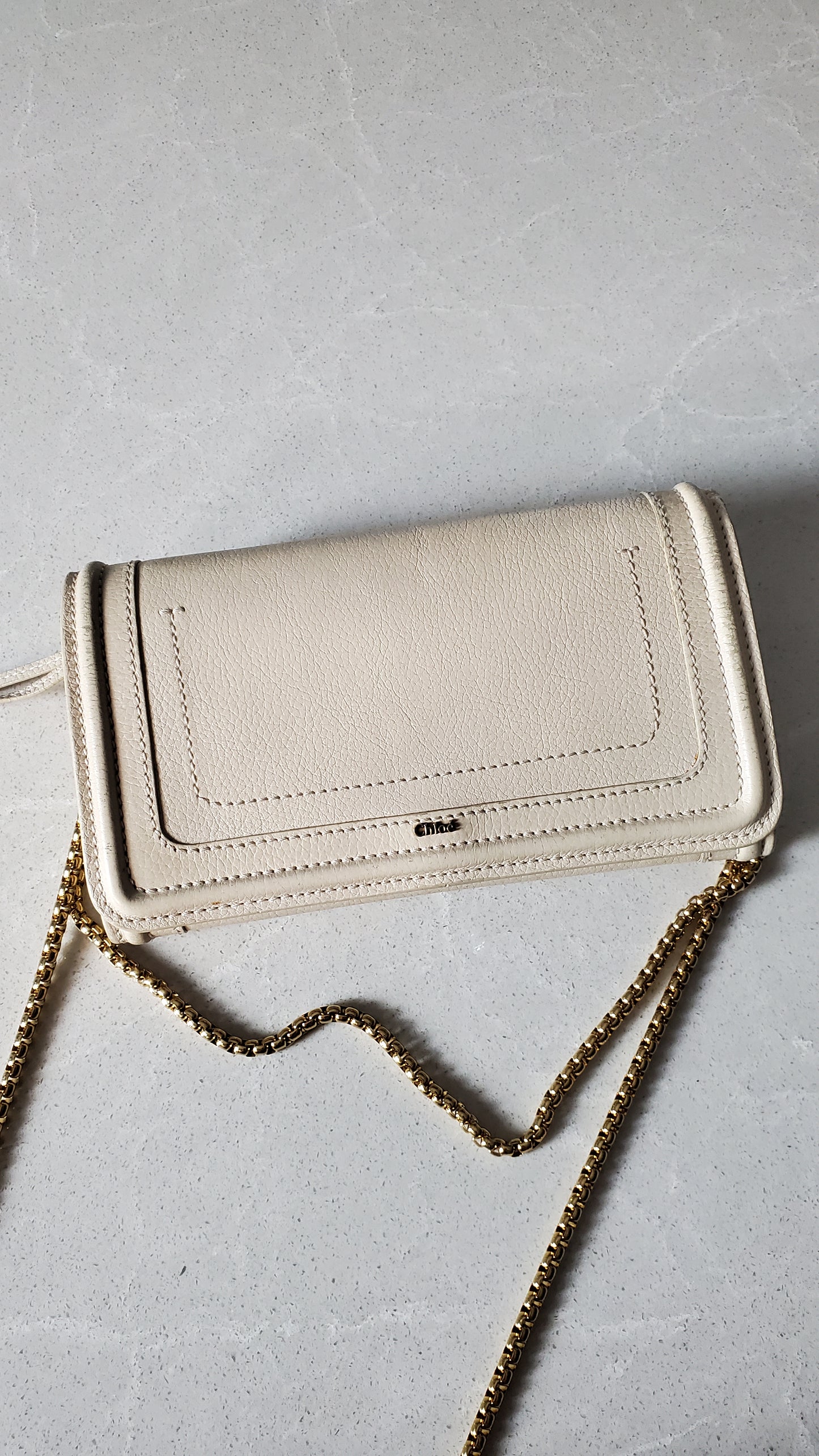 Authentic Chloe Upcycle Cream Leather Wallet with Chain