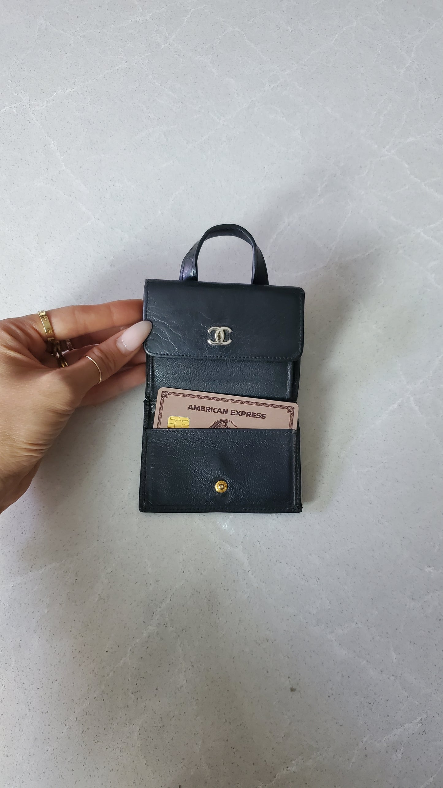 Authentic Chanel Upcycle Mini Black Leather Wallet with Single Handle