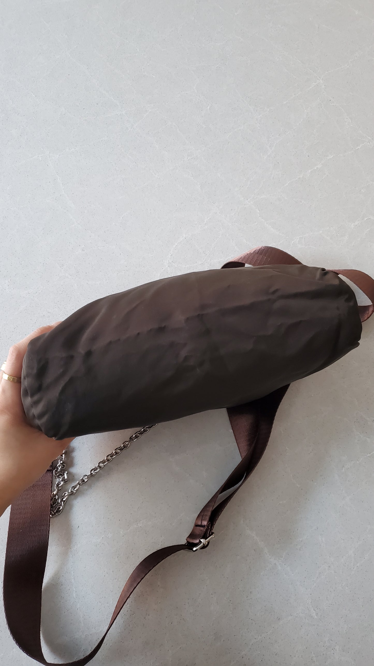 Authentic Prada (Dark Green/ Brown) Upcycle Large Nylon Pouch with Chain & Strap