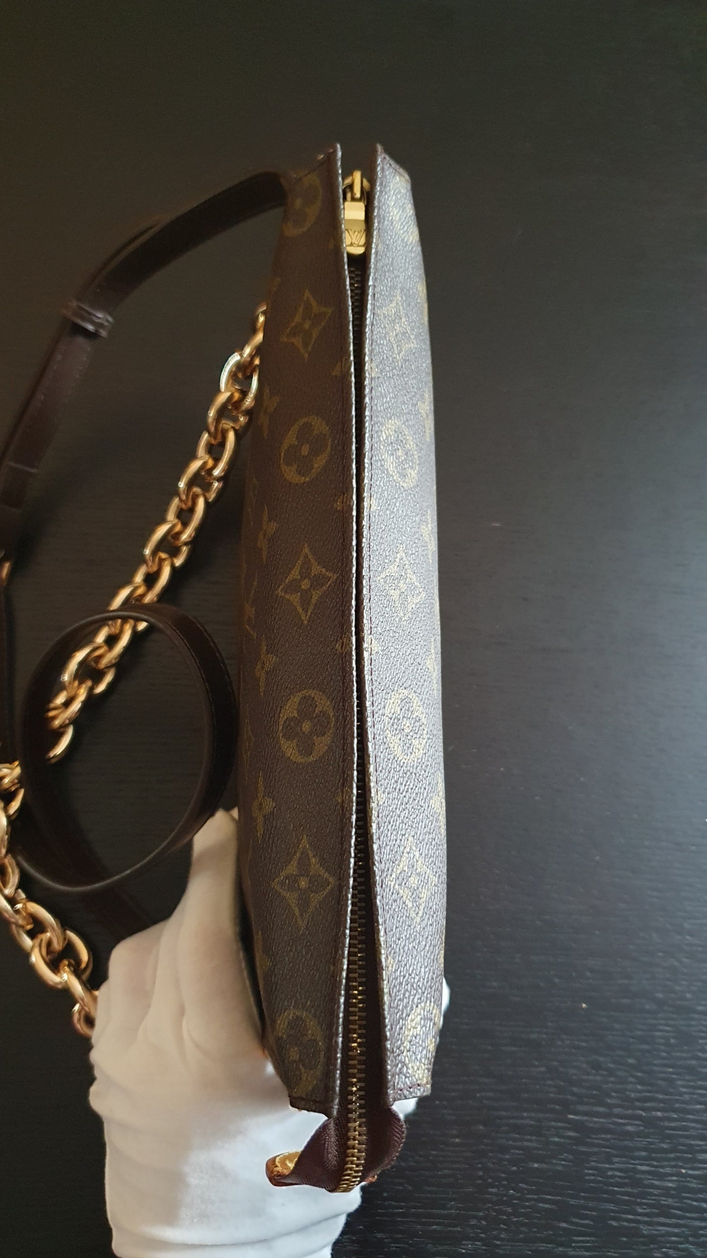 Authentic Vintage Louis Vuitton Upcycle Toiletry Pouch (with grey insert) with Chain & Strap