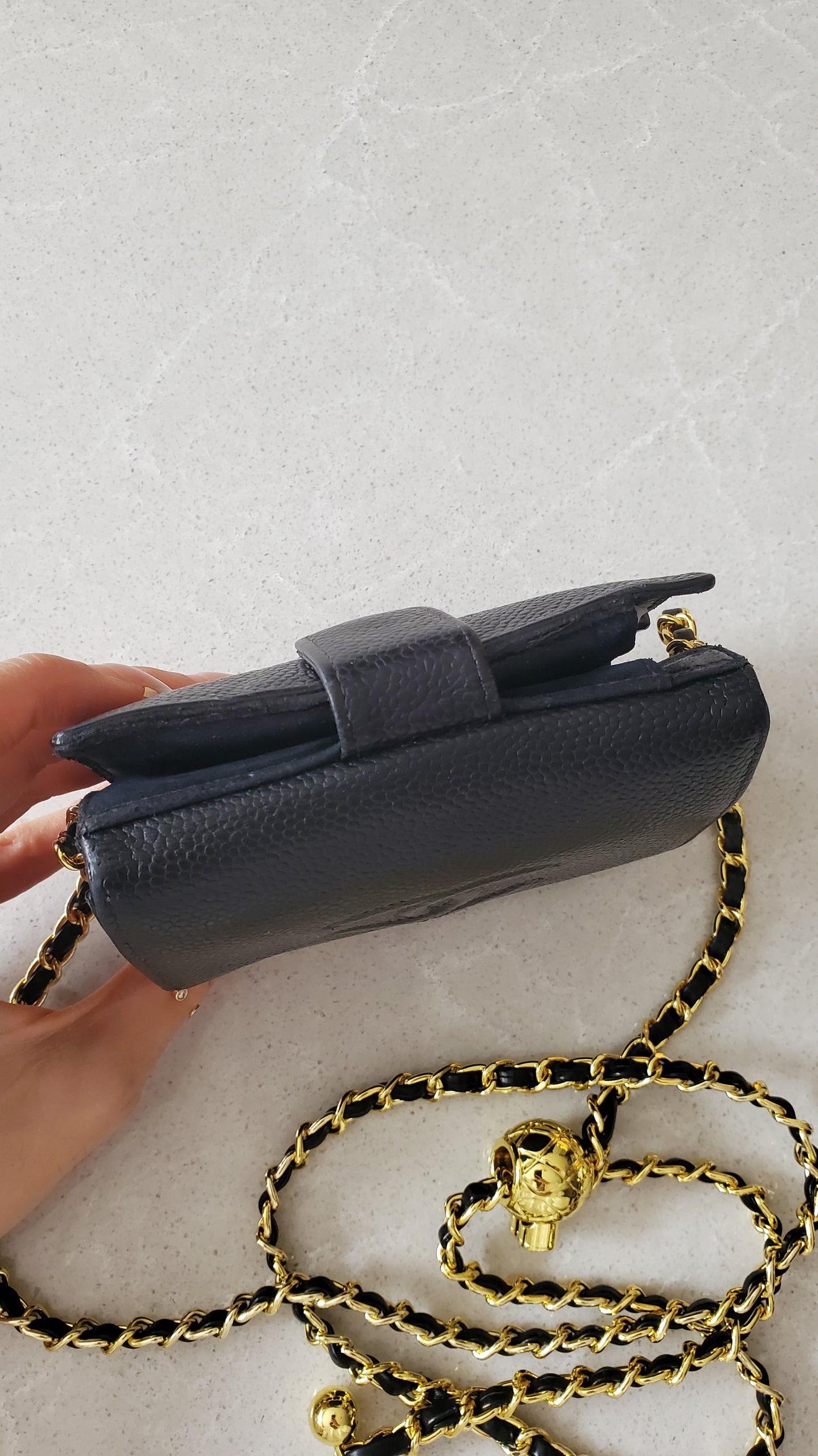 Authentic Vintage Chanel Upcycle Black Caviar Compact Wallet on Chain