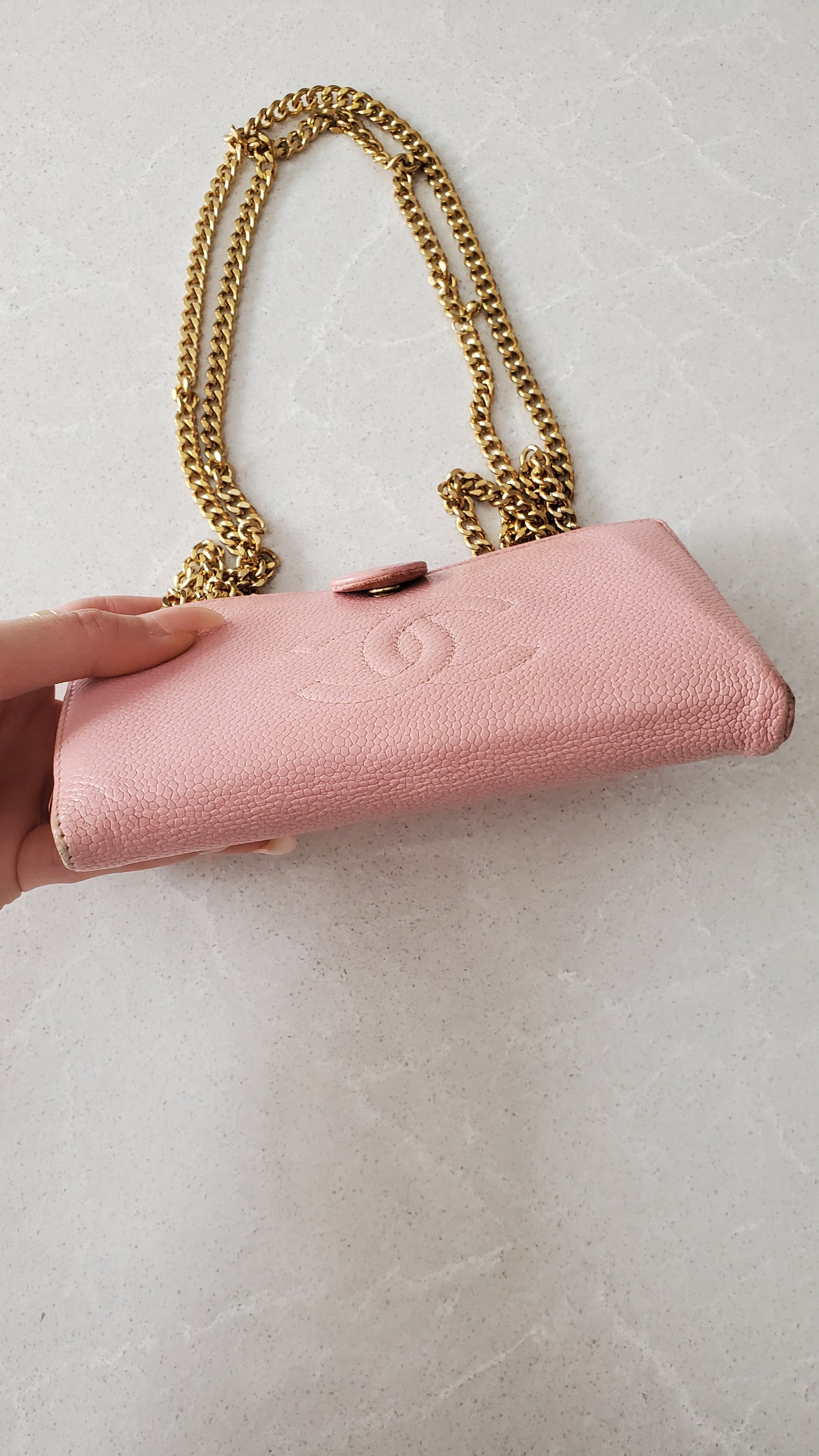 Authentic Chanel Upcycle Pink Caviar Wallet on Chain