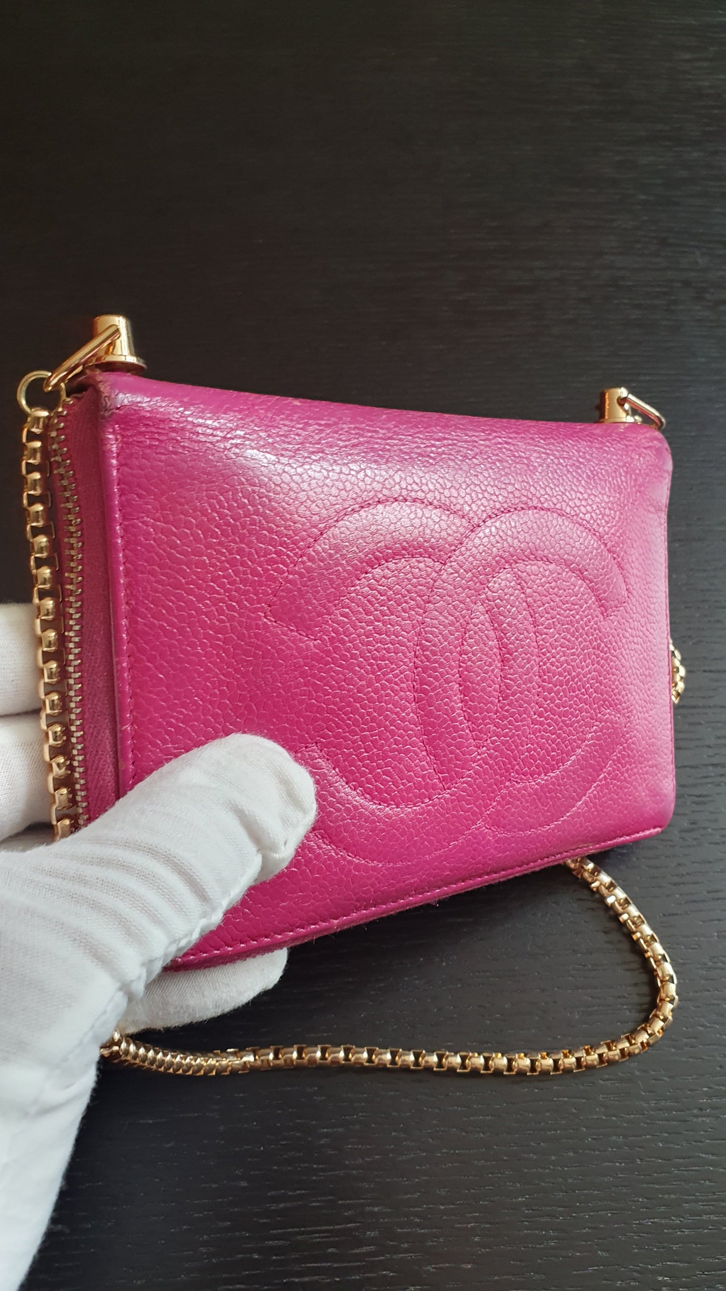 Authentic Chanel Upcycle Pink Caviar Zip Wallet with Shoulder Chain