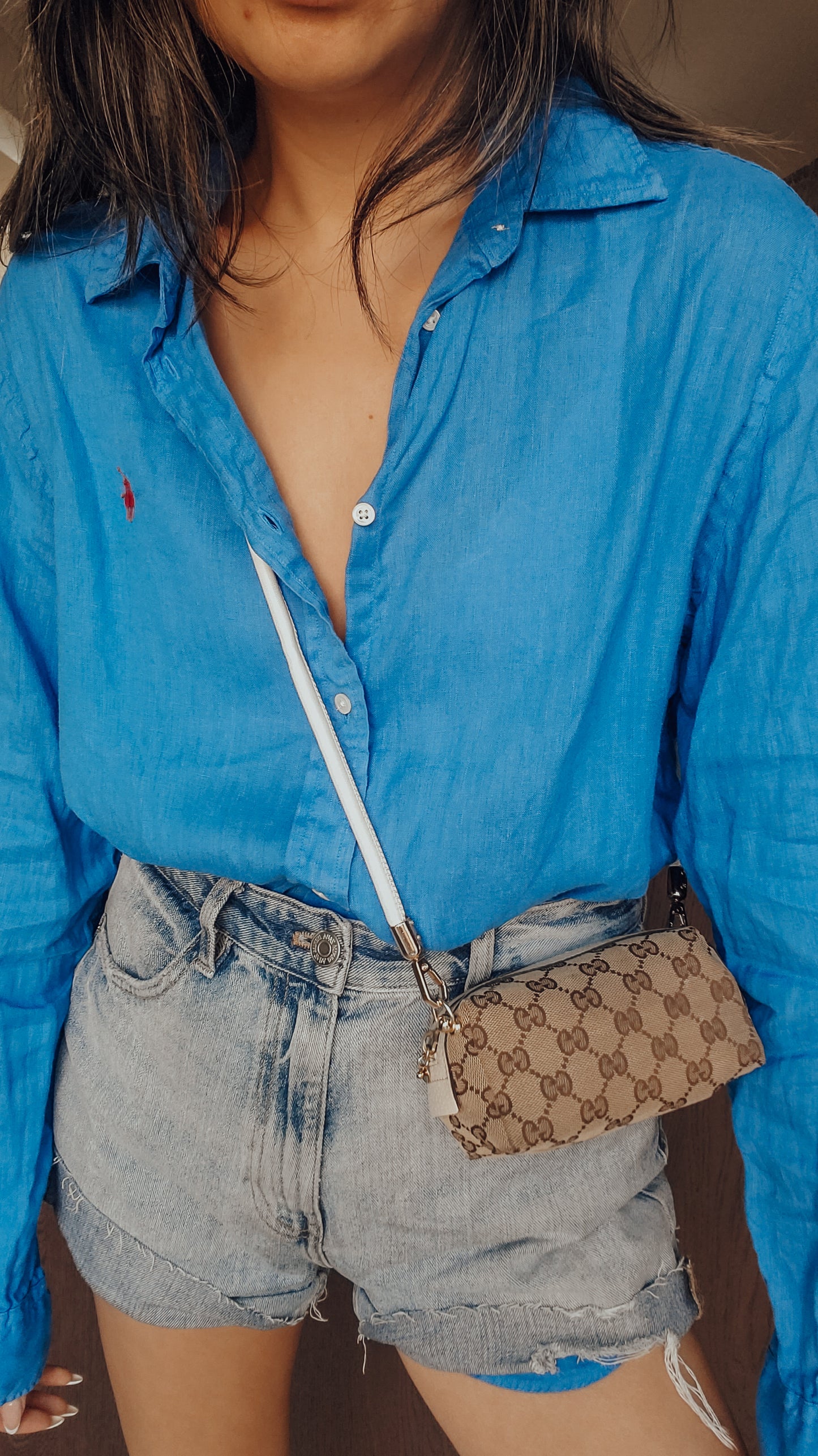 Authentic Vintage Gucci Upcycle Tan Fabric Pouch on Chain & Strap