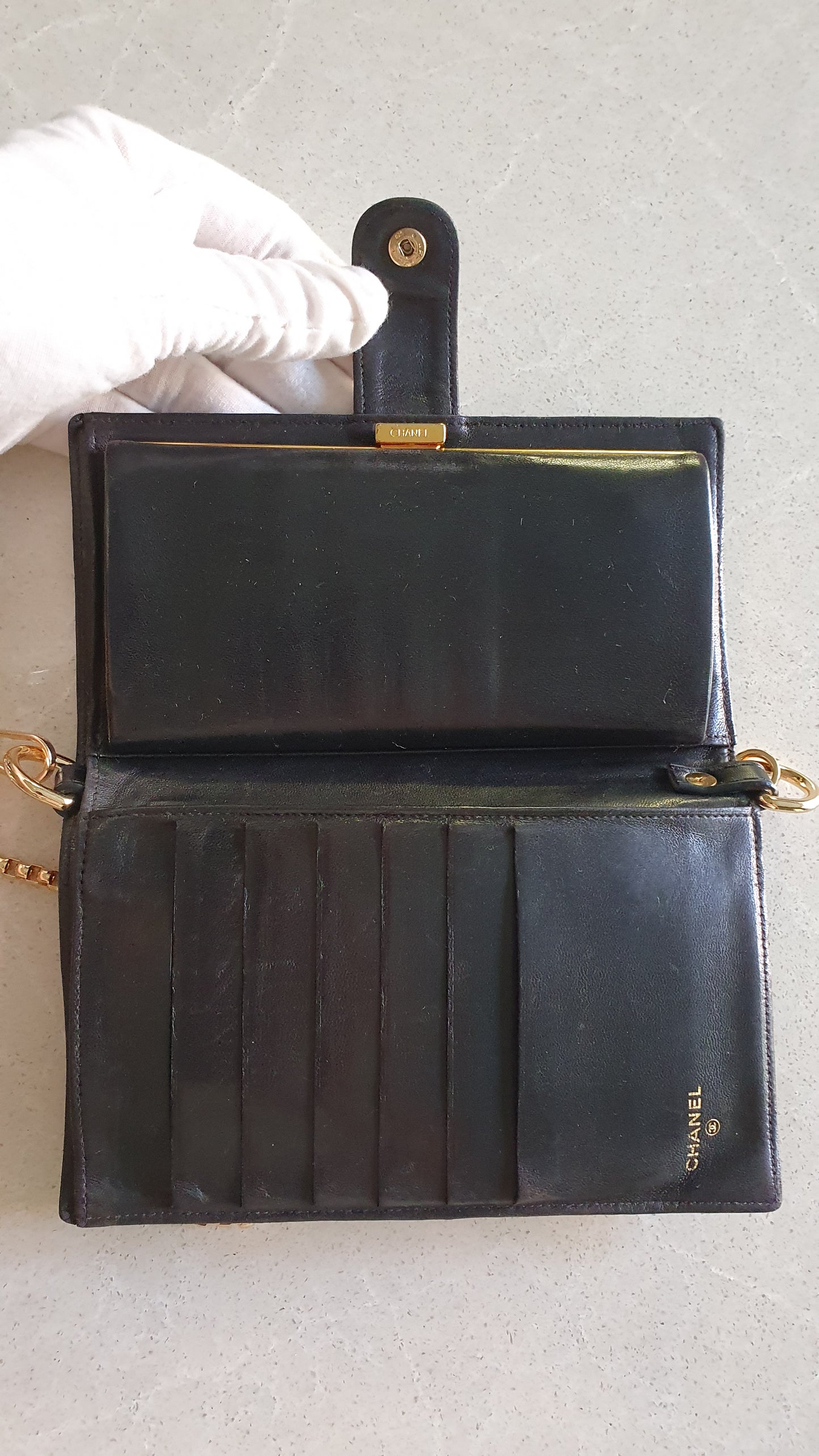 Authentic Chanel Upcycle Black Leather Long Wallet with Strap & Chain
