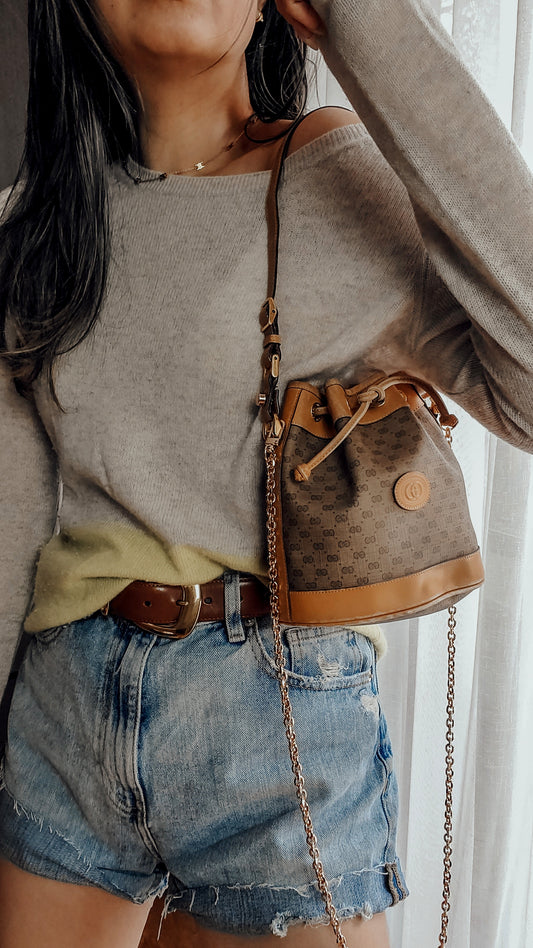 Authentic Vintage Gucci Small Tan Bucket Bag with Chain