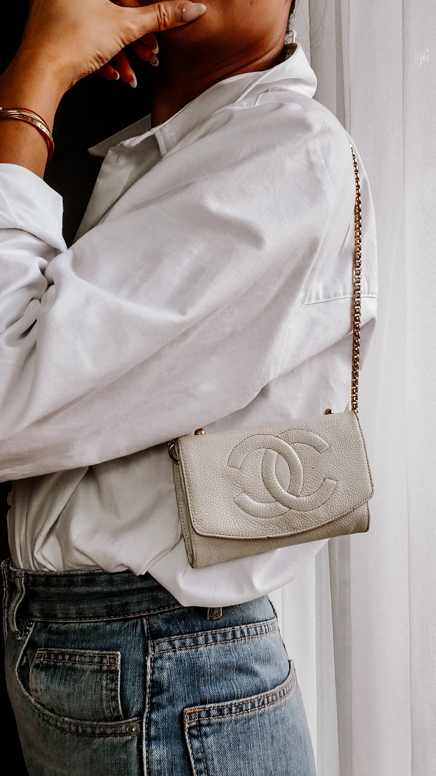 Authentic Chanel Upcycle Small Caviar Caviar Wallet/ Purse with Strap & Chain