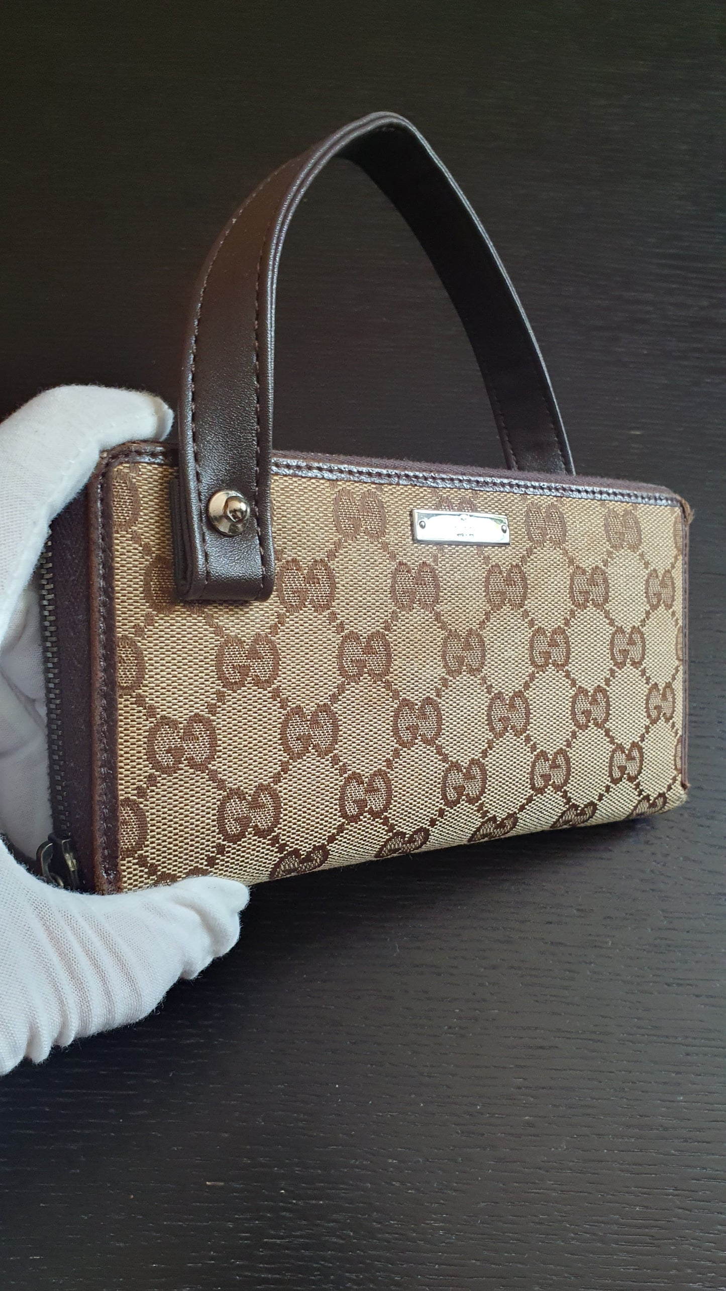 Authentic Vintage Gucci Upcycle Brown Zip Wallet with Single Strap
