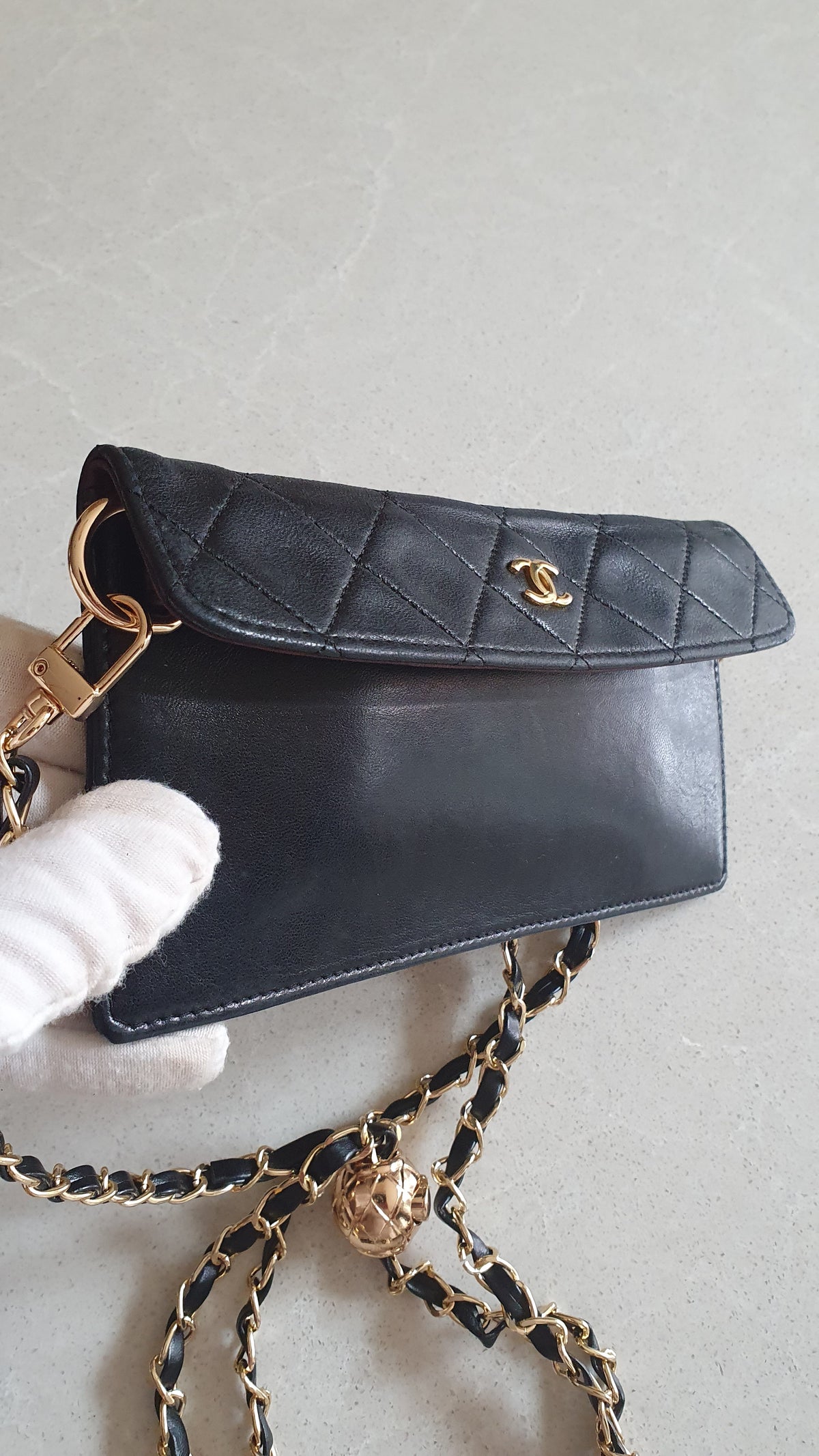 Authentic Vintage Chanel Upcycle Black Leather Flat Clutch with Chain
