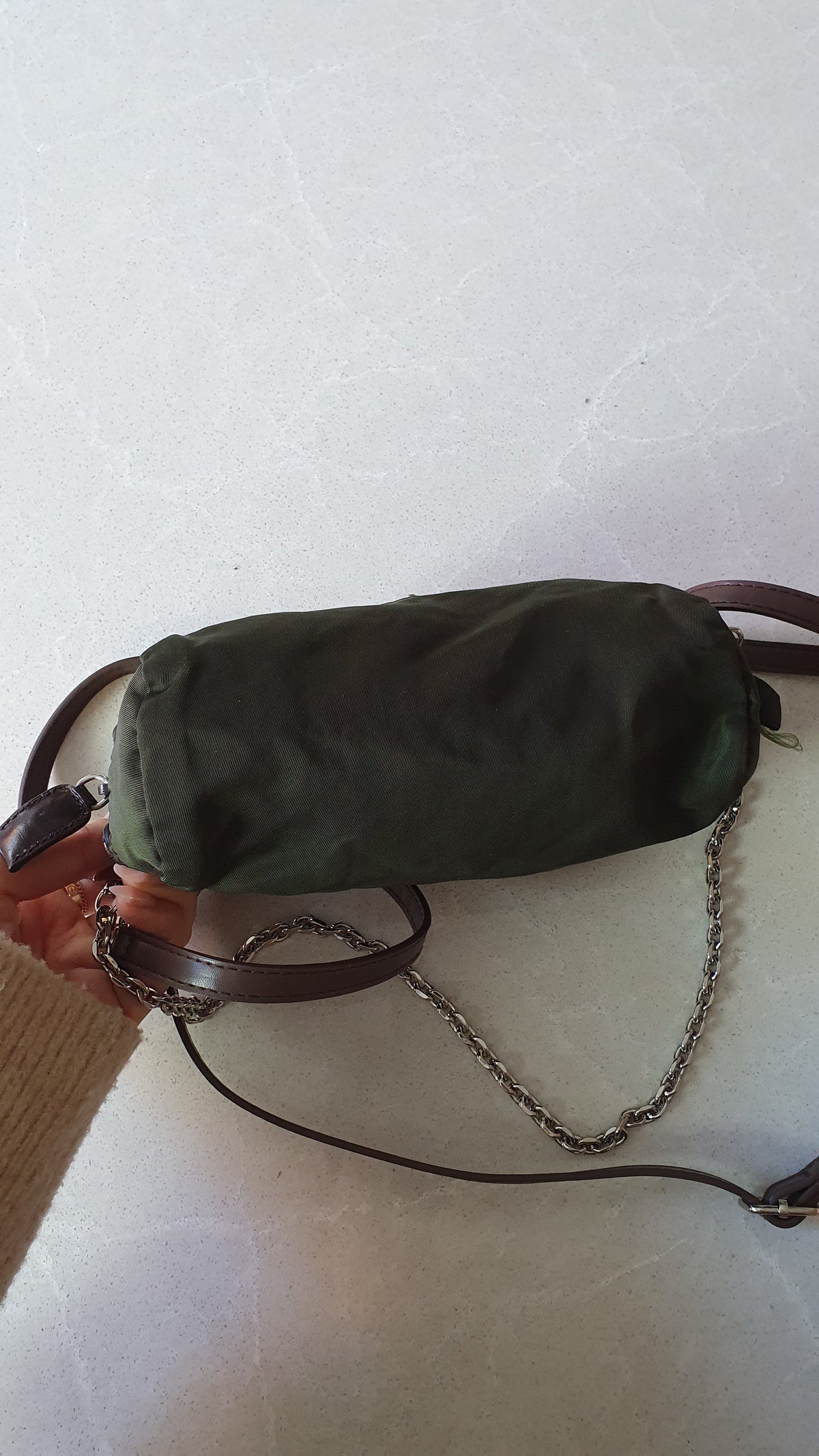 Authentic Prada Upcycle Versatile Dark Green (2) Pouch with Straps & Chain