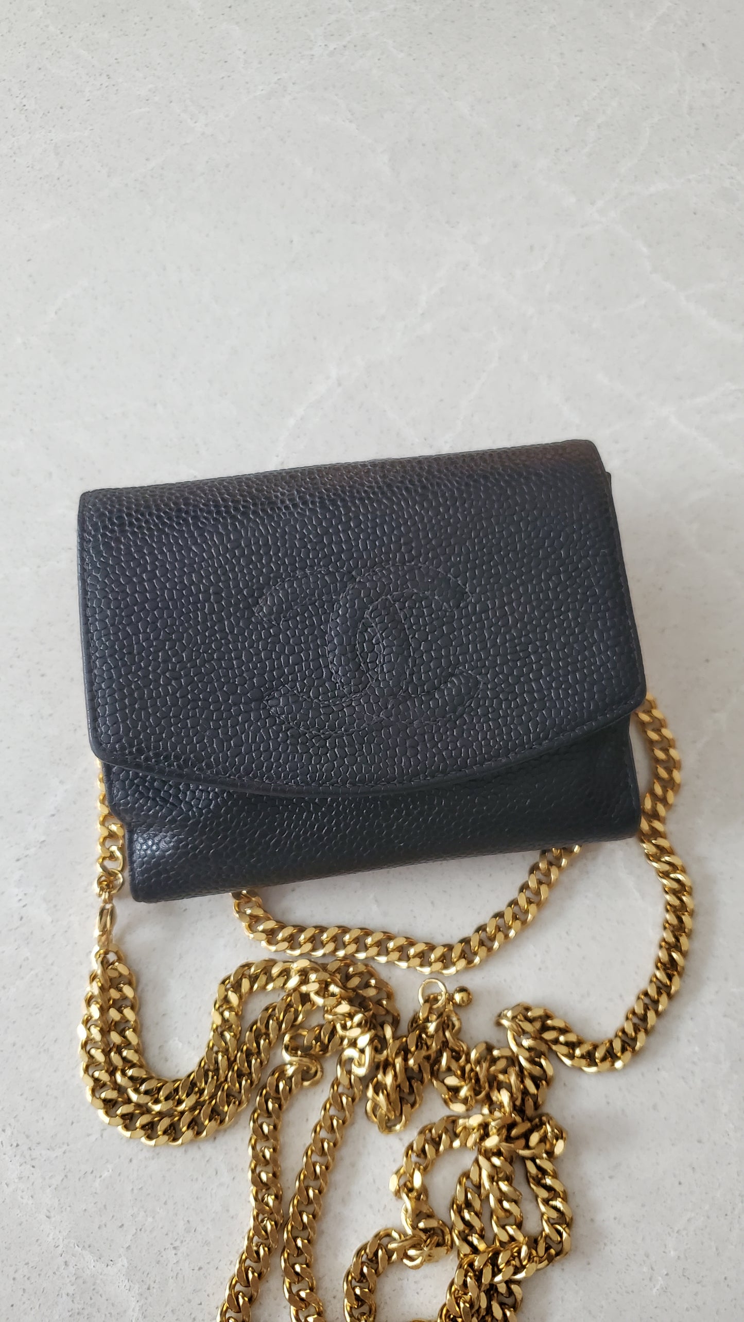 Authentic Vintage Chanel Upcycle Black Caviar Compact Wallet on Chain