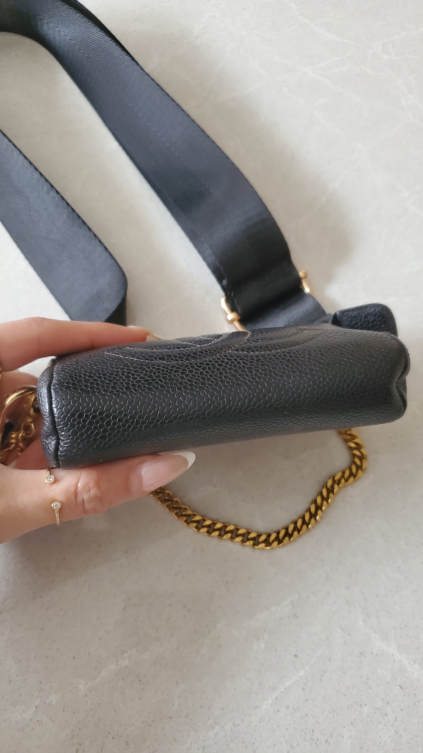 Authentic Chanel Upcycle Black Caviar Small Pouch on Chain & Strap
