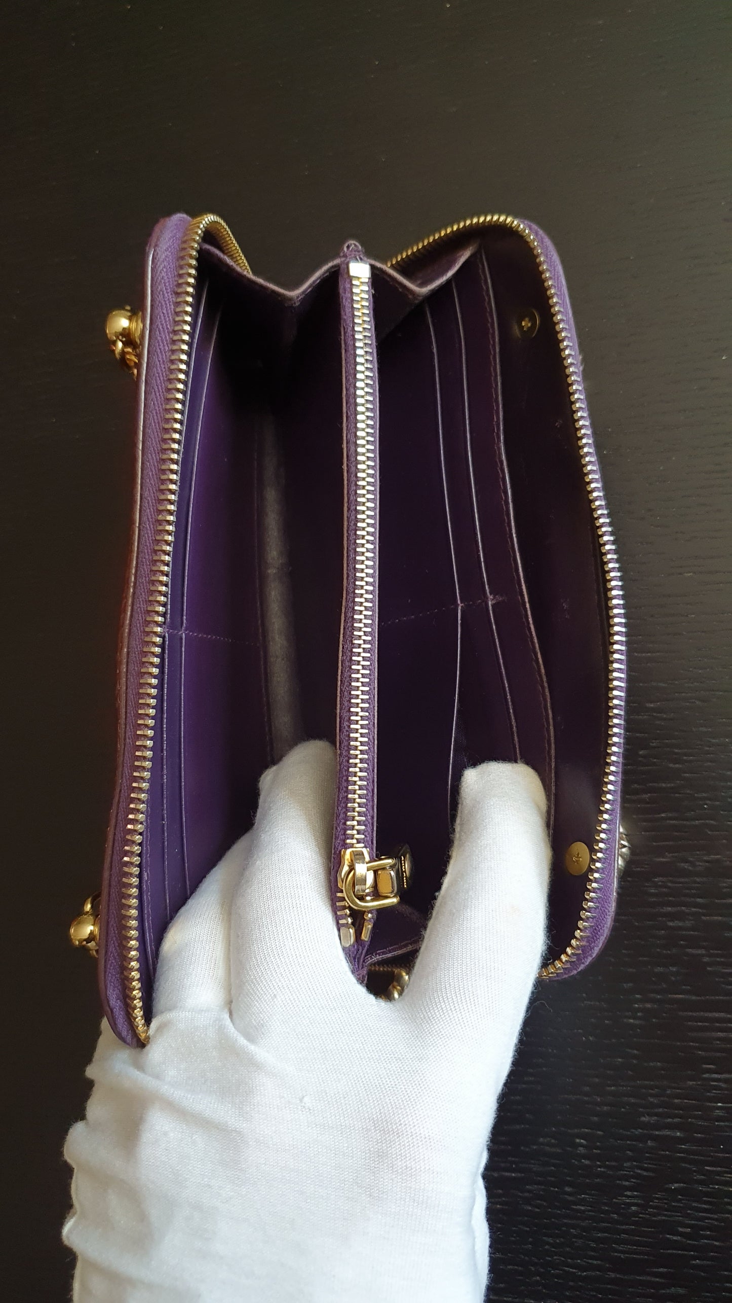 Authentic Miu Miu Upcycle Long Zip Patent Wallet with Chains