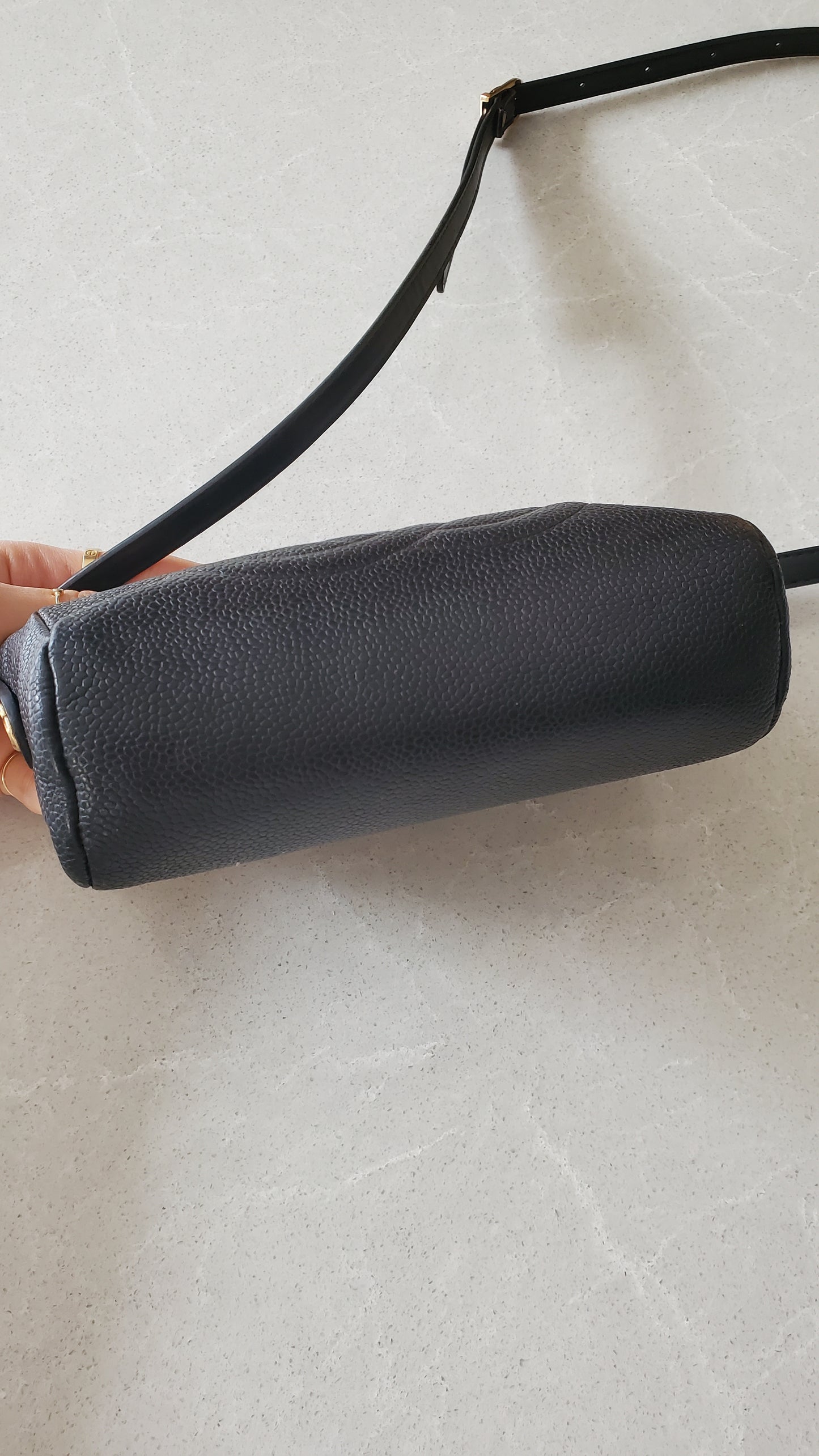 Authentic Vintage Chanel Upcycle Black Caviar Perfect Size Pouch with Strap