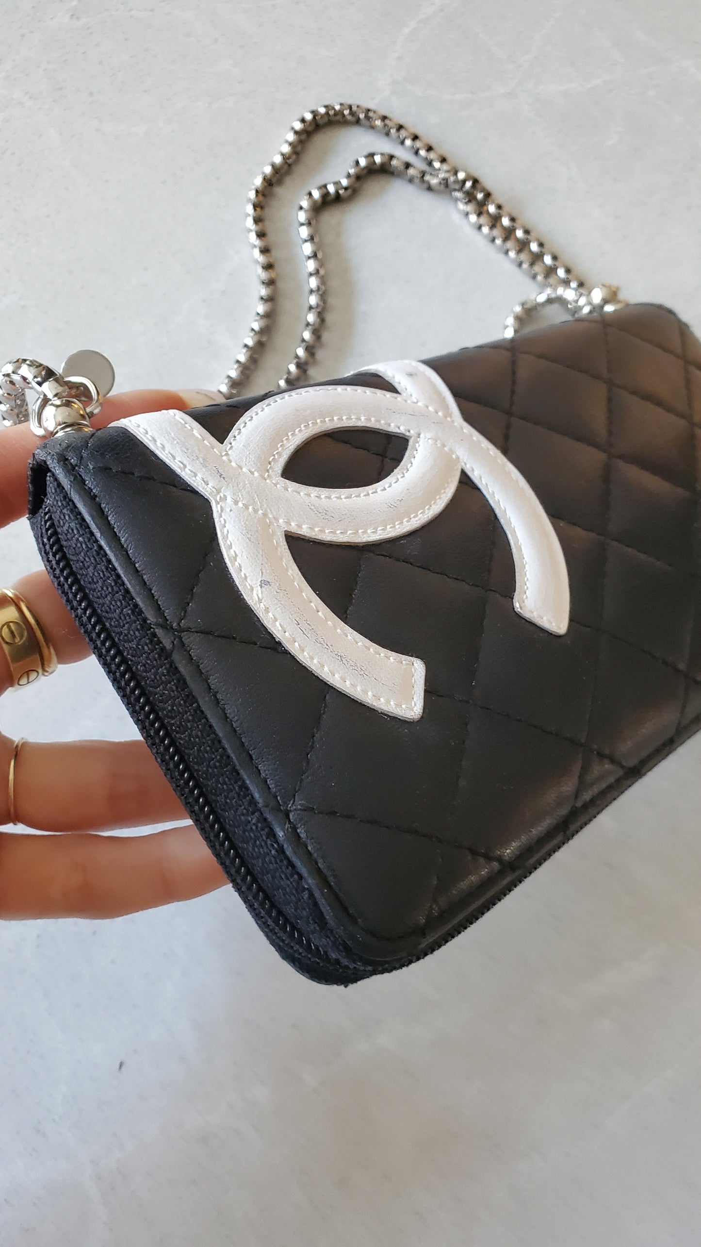 Authentic Vintage Chanel Upcycle Black Lambskin Zip Wallet with Chain