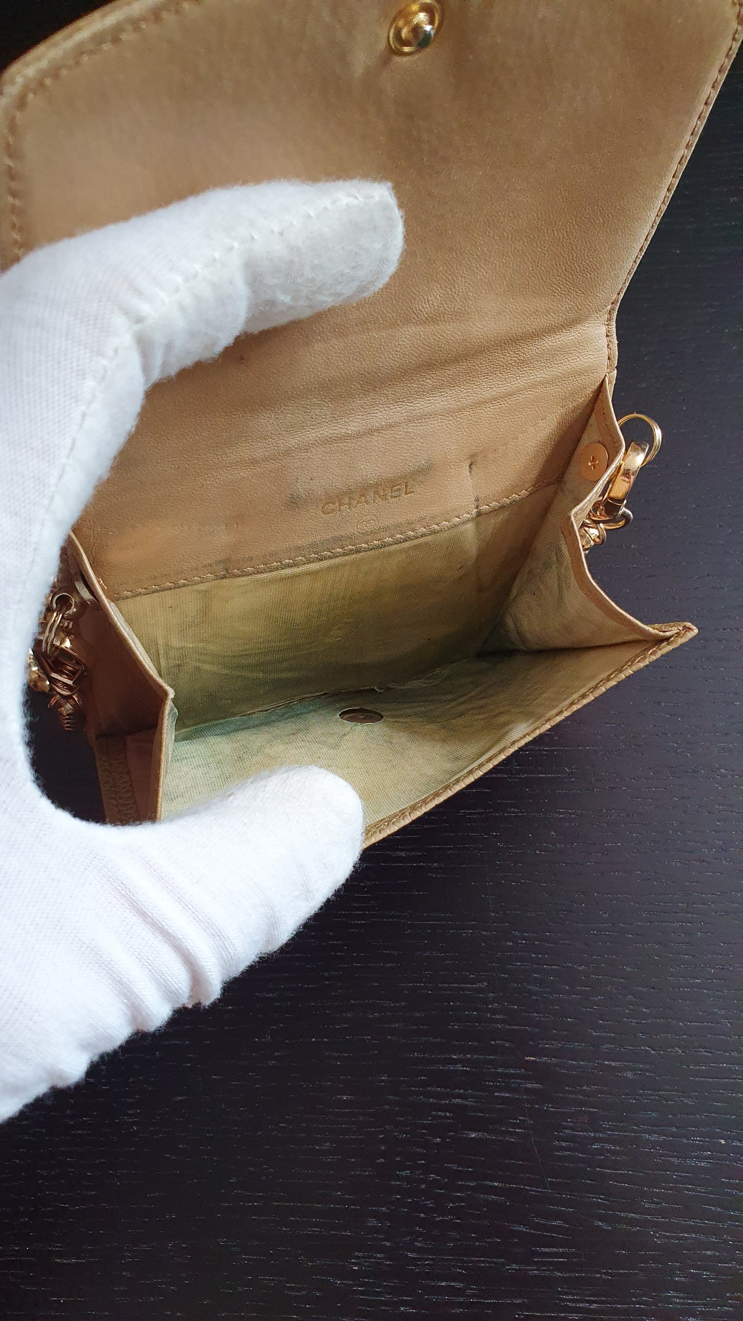 Authentic Chanel Upcycle (Tan) Small Compact Caviar Wallet with Chain