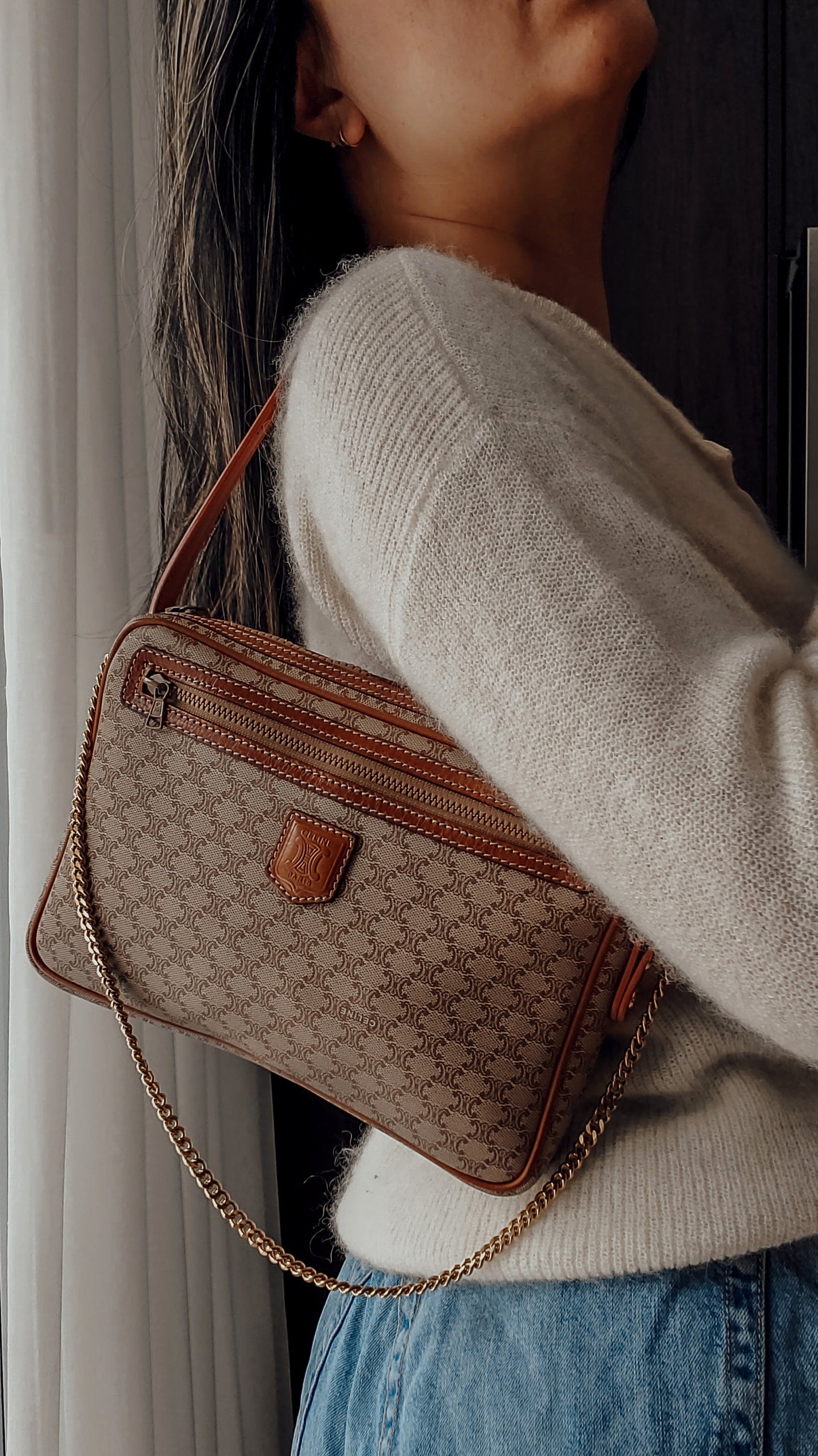 Authentic Vintage Celine Upcycle Tan Shoulder Purse with Chain & Strap