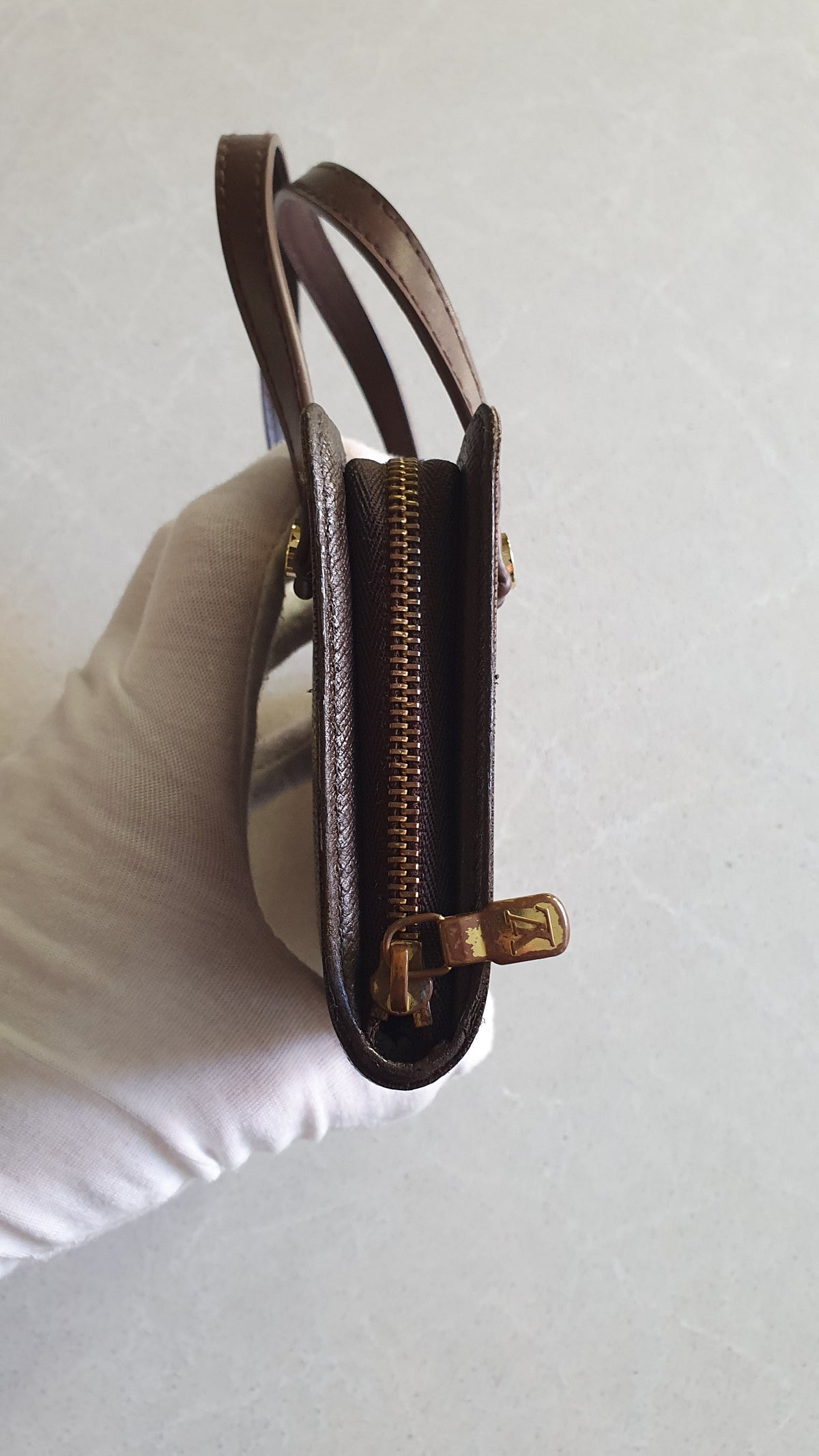 Authentic Vintage Louis Vuitton Upcycle Brown Damier Zip Wallet with Two Handles