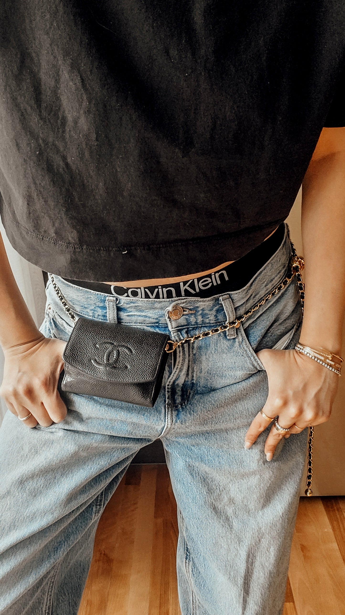 Authentic Vintage Chanel Upcycle Black Caviar Compact Wallet on Chain