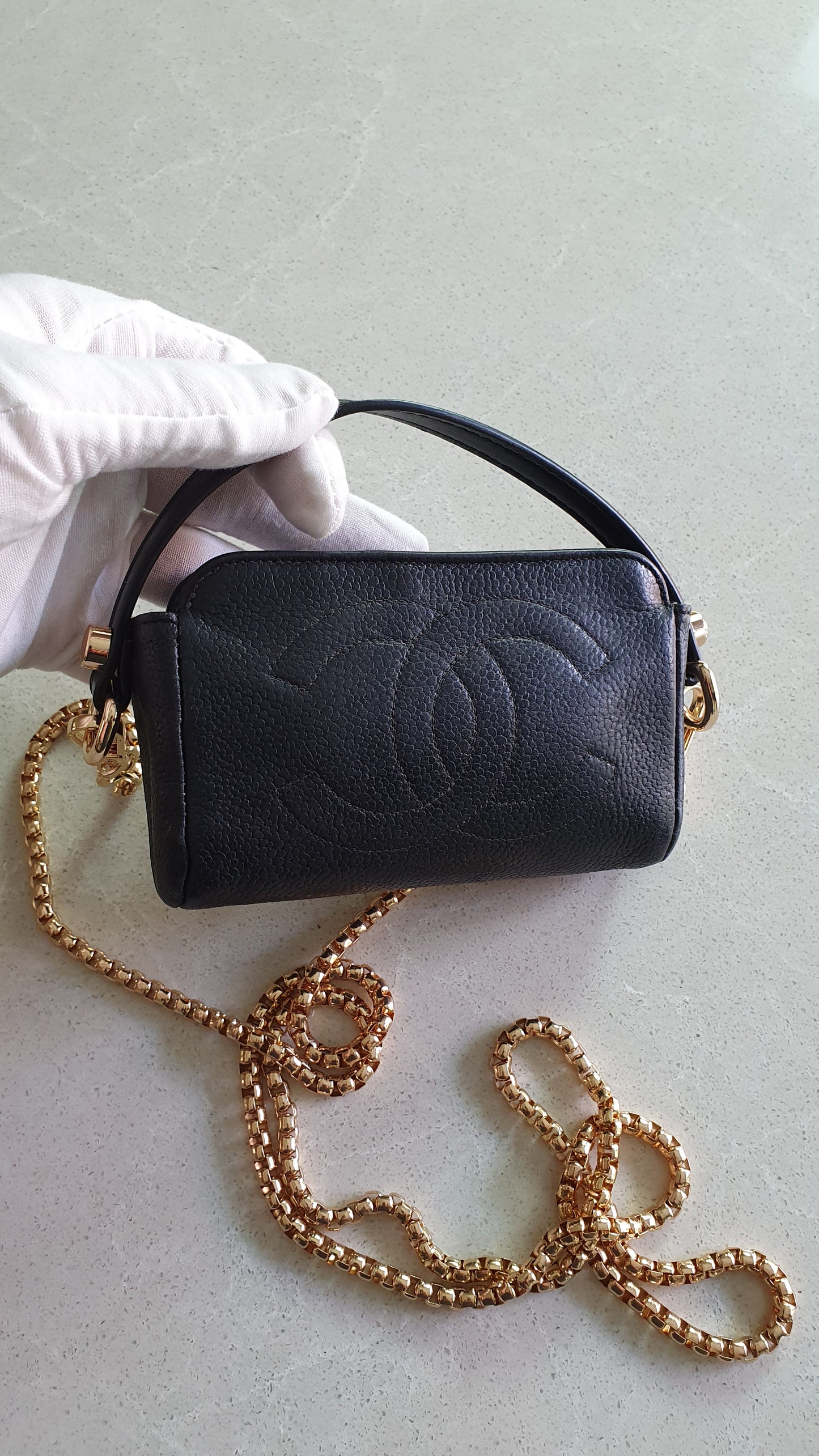Authentic Chanel Upcycle Mini Black Caviar Pouch with Strap & Chain