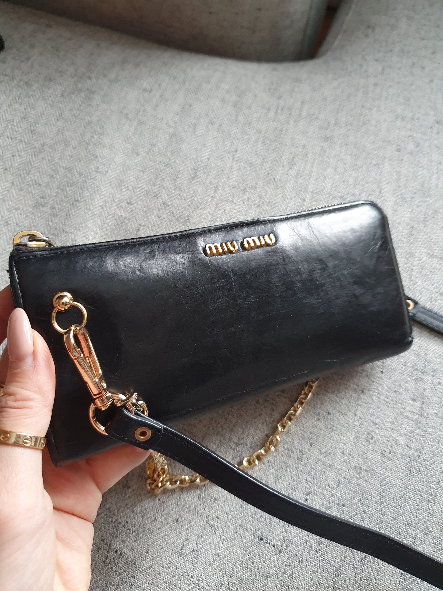 *New Drop* Authentic Miu Miu Upcycle Long Black Leather Wallet on Strap & Chain