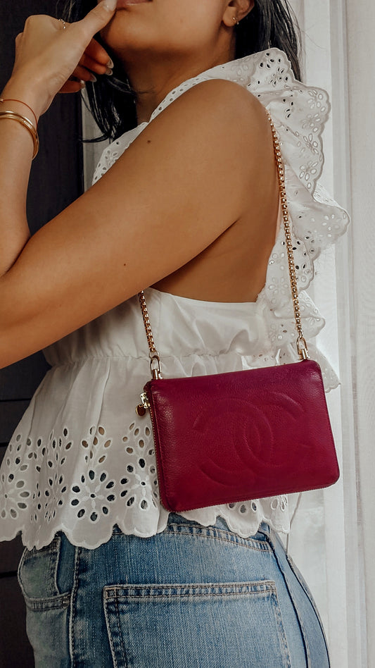 Authentic Chanel Upcycle Pink Caviar Zip Wallet with Shoulder Chain