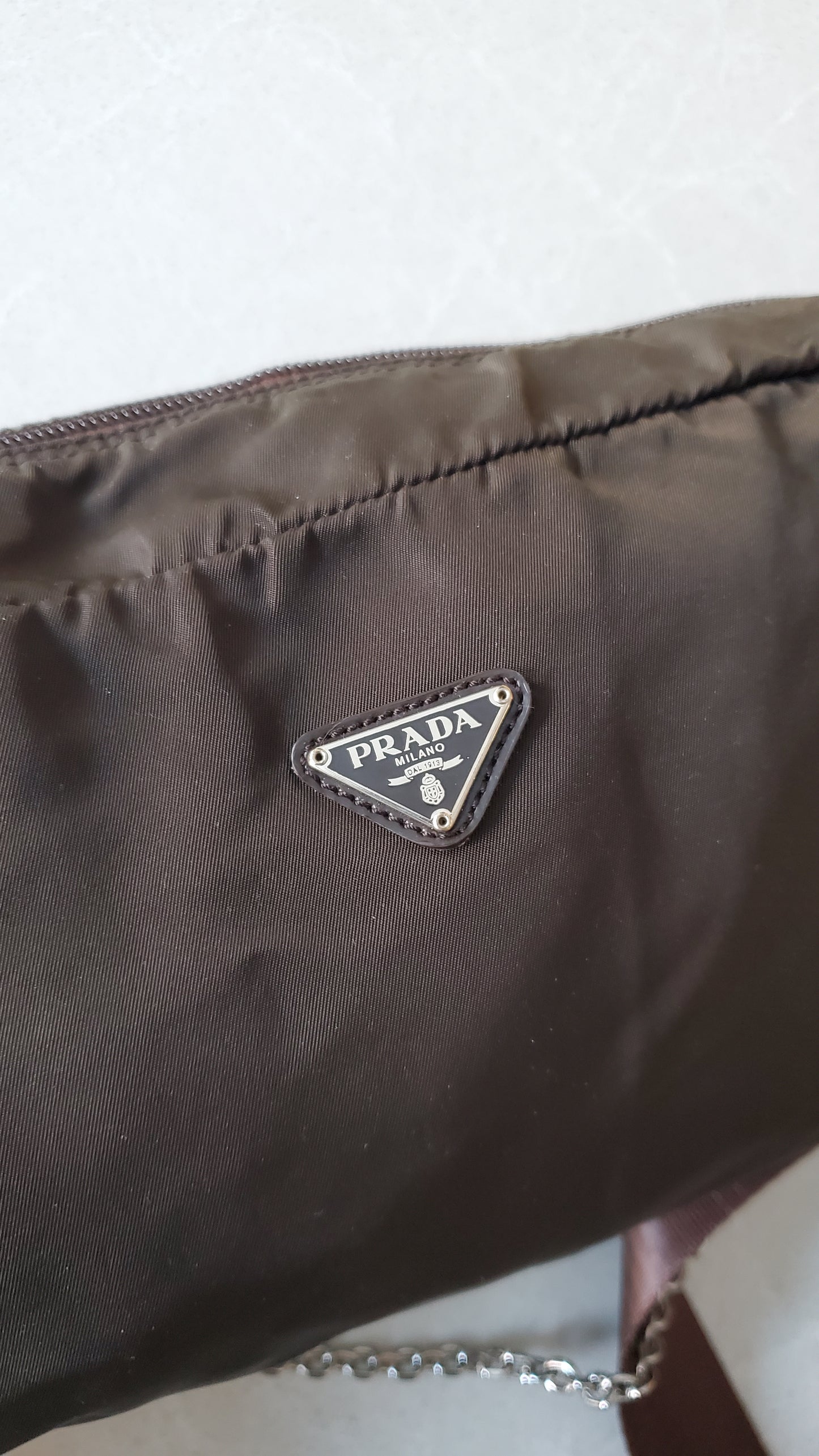 Authentic Prada (Dark Green/ Brown) Upcycle Large Nylon Pouch with Chain & Strap
