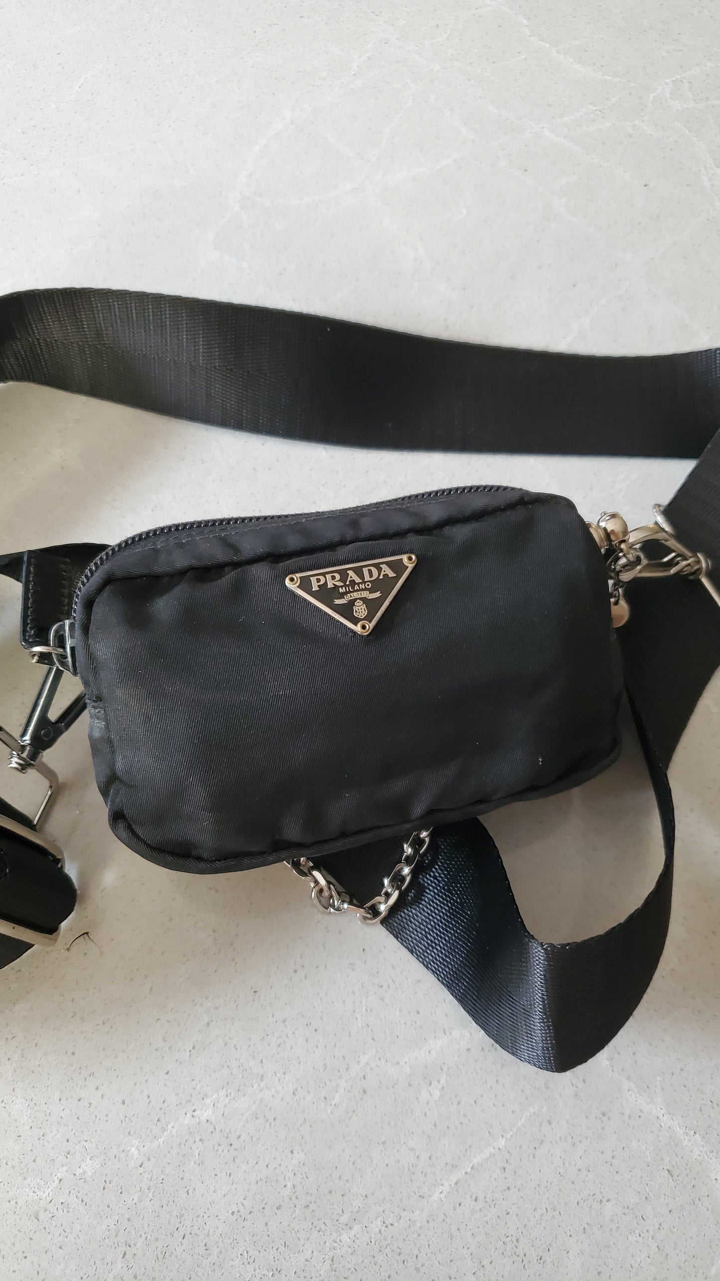 Authentic Prada Upcycle Versatile Black Nylon Mini Pouch on Chain & Strap