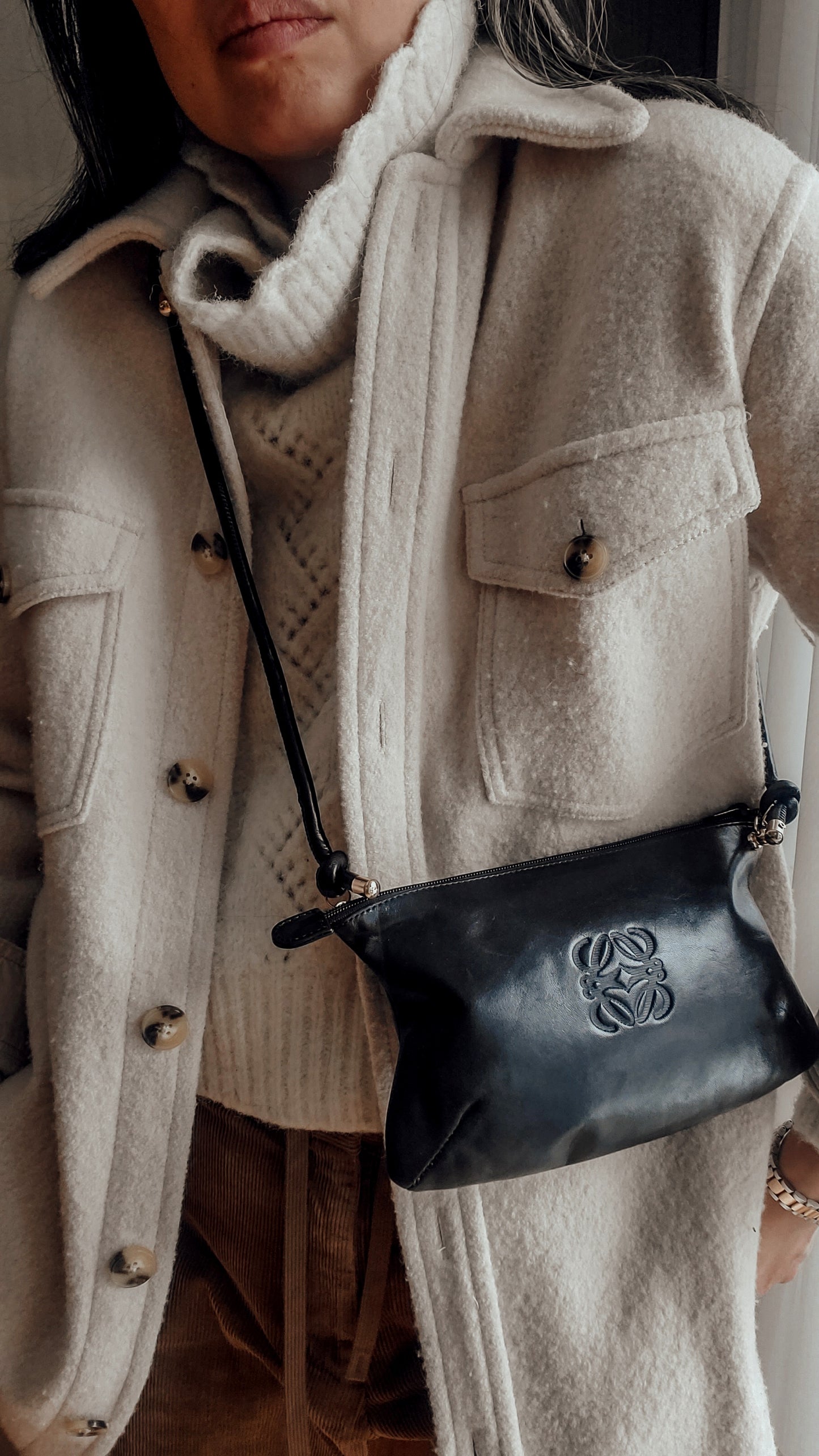 Authentic Vintage Loewe Upcycle Black Leather Perfect Size Pouch with Strap