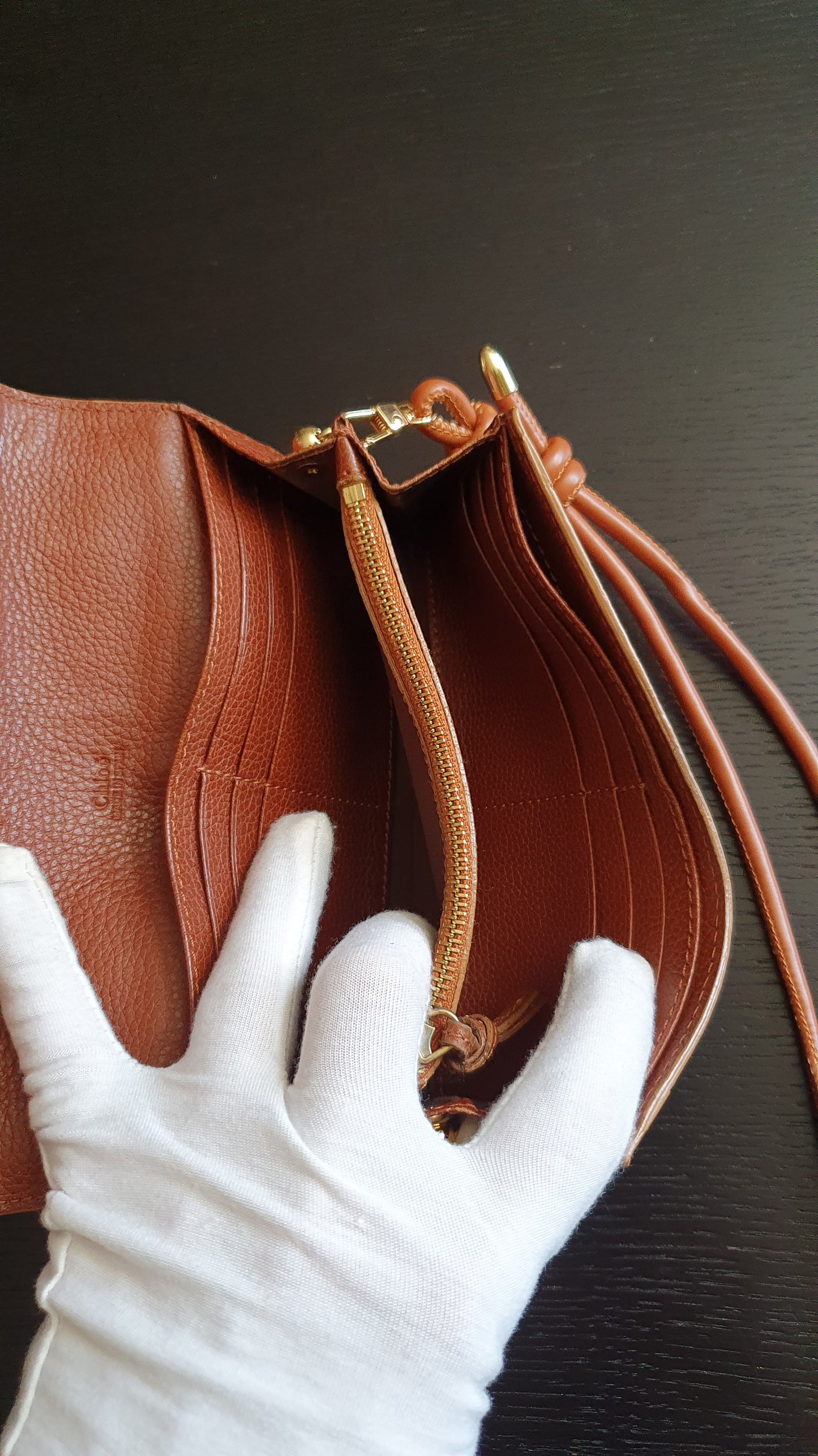 Authentic Chloe Upcycle Brown Leather Long Wallet with Strap